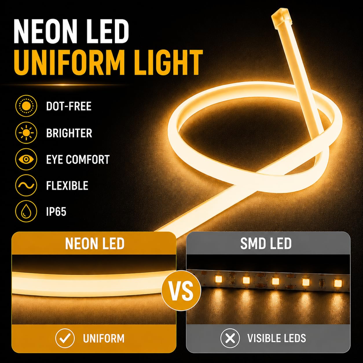 ANSIEN® Ruban LED 220V Néon (Blanc Chaud,6M),Chaque Coupe de 10 cm,12W/m COB Lumière de Corde Haute Brillance,IP65 Imperméable Avec Prise Redresseur et Adhésif,Néon LED pour Maison,Bar