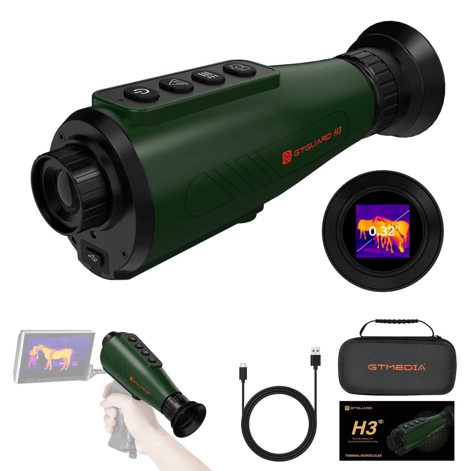 Monoculaire à Imagerie Thermique GTGUARD B215AL - 384x288 Pixels, Télémètre Laser 656m, écran 1024x768 - Pour Chasse