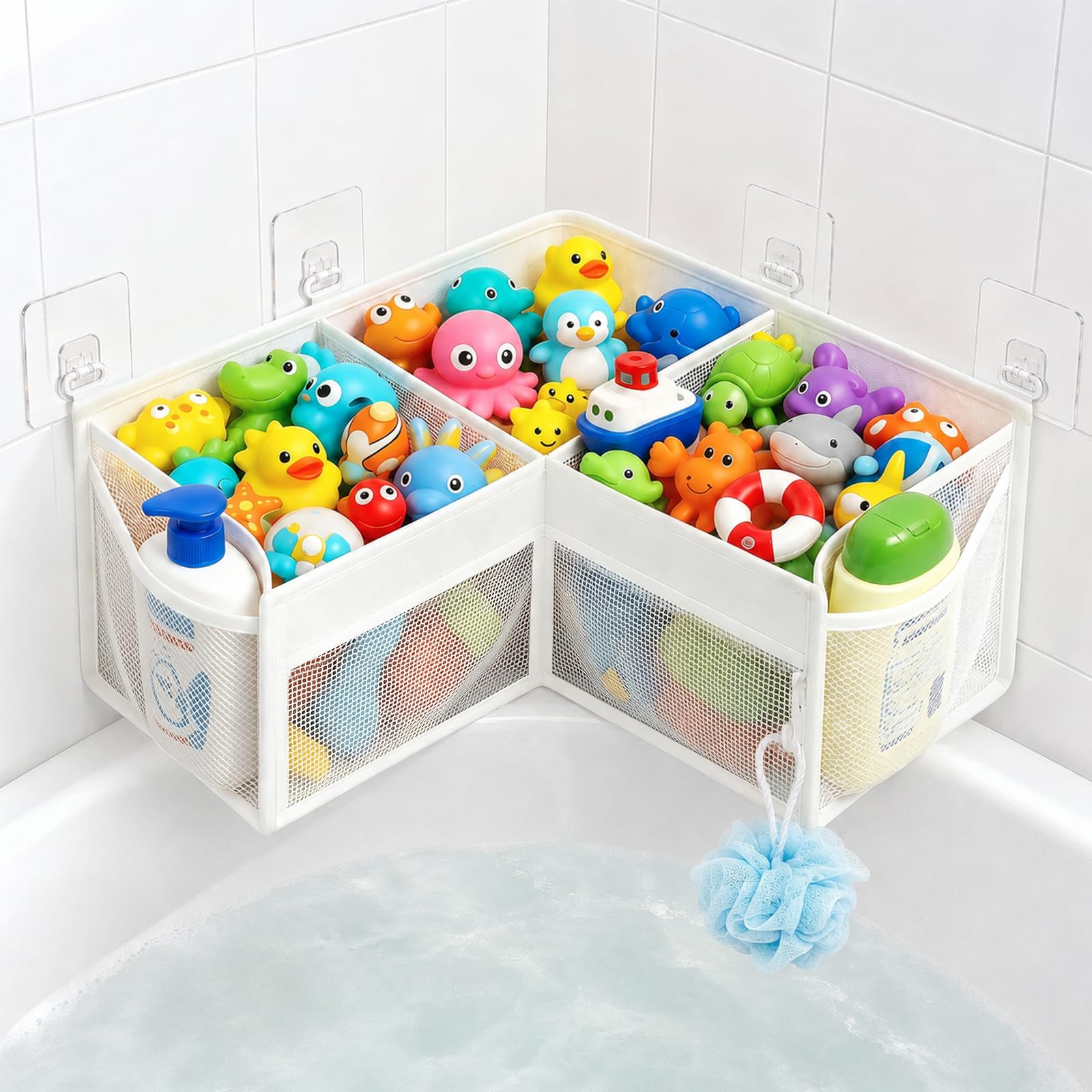 Dreamtop 3-Compartment Corner Bath Toy Storage Organizer for Tub Off-White