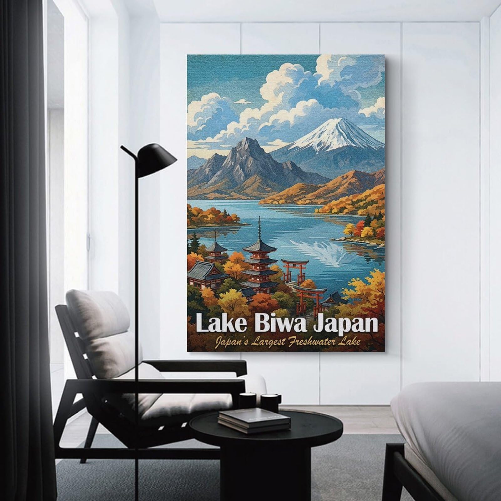 Junmoney Lake Biwa Japan Vintage Travel Wall Art Print, 20x30inch(50x75cm), for Study, Office Or Focused Interiors, Home Office Artwork with Decorative Appeal