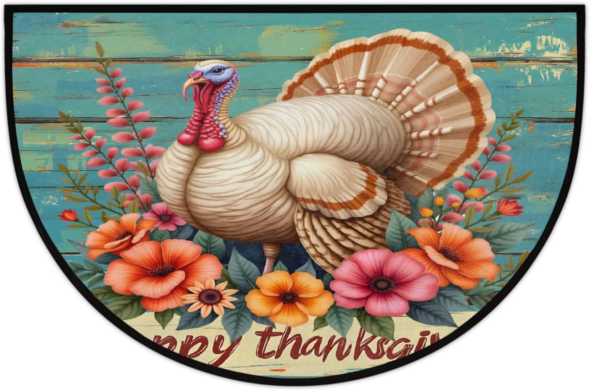 Half Round Door Mat Colorful Thanksgiving Turkey Non Slip Absorbent Semi Circle Area Rugs Washable Half Moon Floor Mats for Indoor Patio Kitchen Bathroom Entryway Fireplace Home Carpet Decor