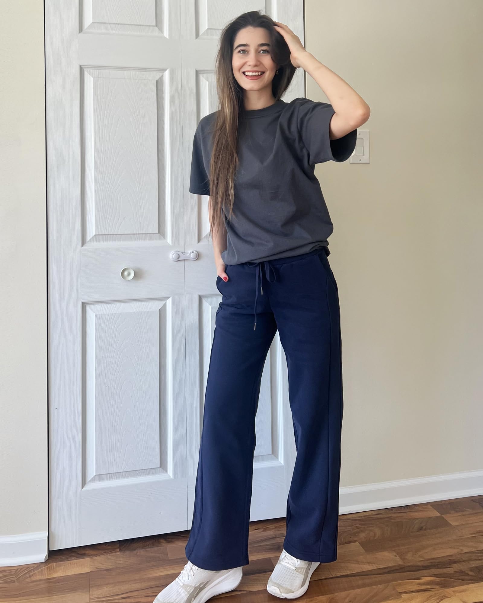 Stelle Womens Sweatpants Elastic Waist Drawstring Lined Straight Leg Pants Lounge Baggy Fleece Joggers with Pockets Navy