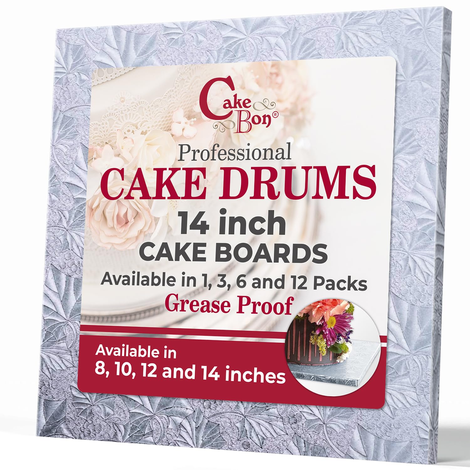 Cakebon Cake Boards Square - Sturdy 1/2 Inch Thick Drums - 14 Inch Professionally Wrapped Edges Silver 1-Pack
