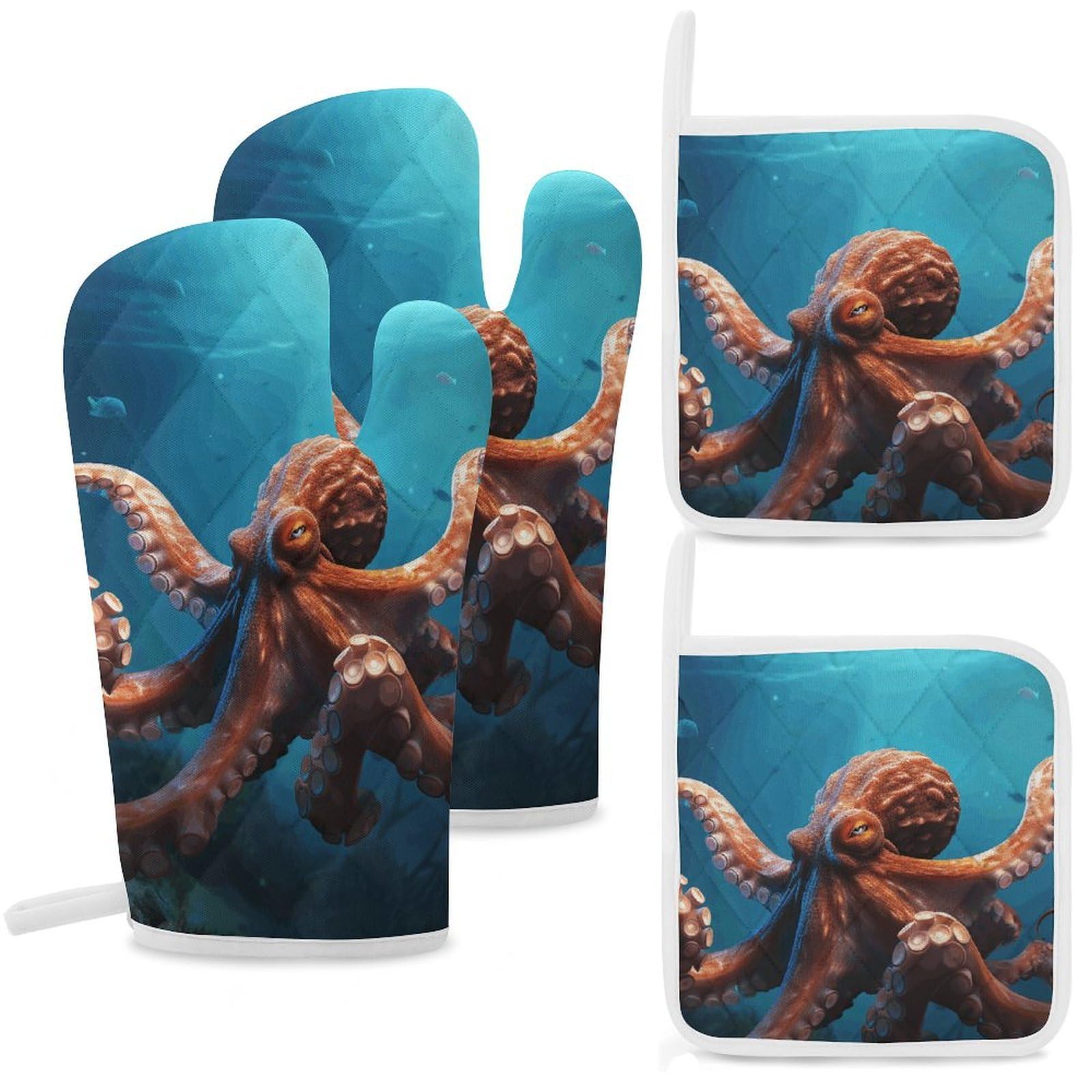 Ocean Animal Octopus Oven Mitts and Pot Holders Sets Heat Resistant Oven Glove with Hanging Loop for Baking Cooking BBQ Thicken Potholders for Kitchen