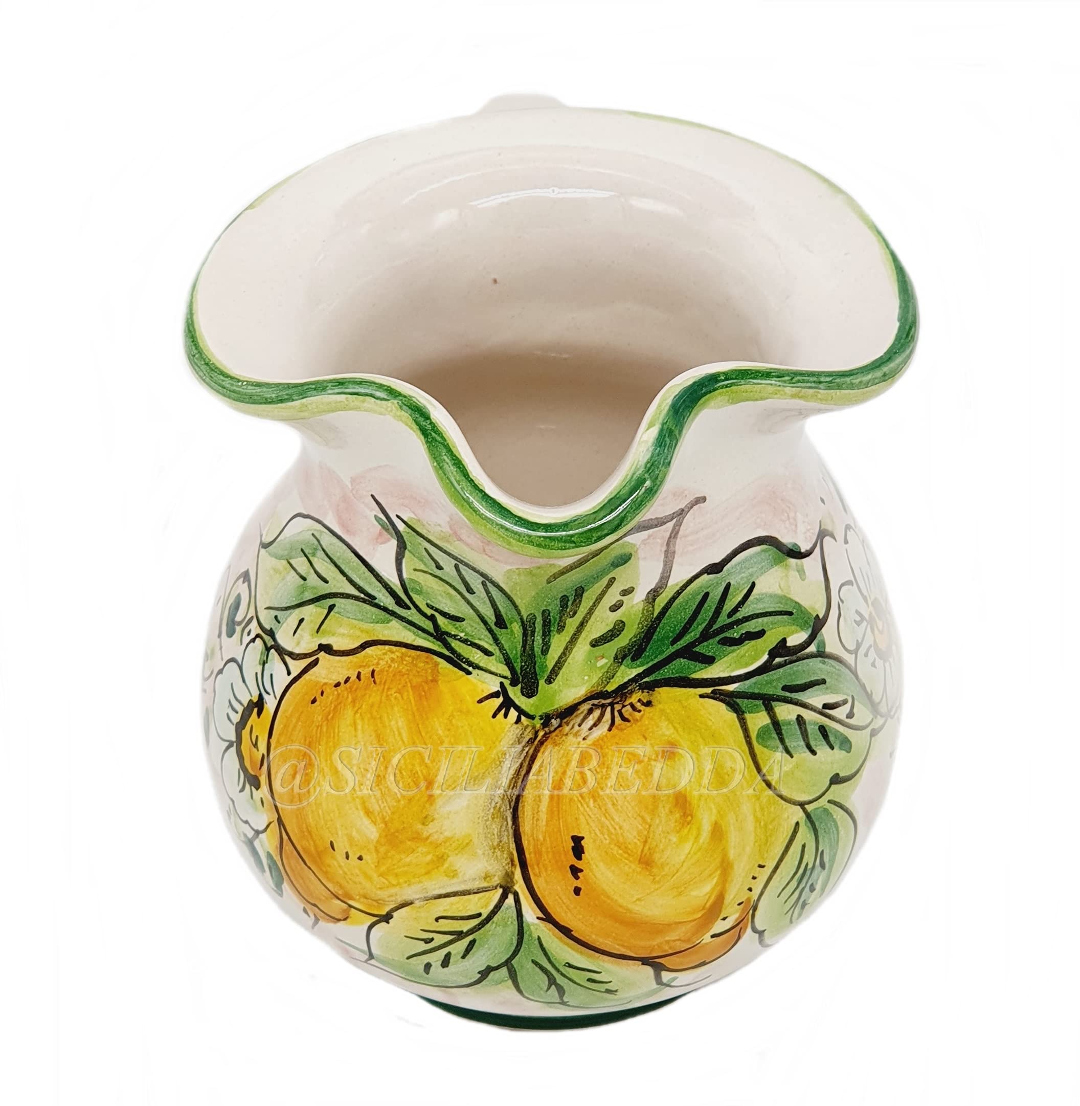 Sicilia Bedda - Brocca Siciliana in Ceramica di Caltagirone - Elegante complemento d'arredo realizzato interamente a Mano (Mezzolitro, Limoni)