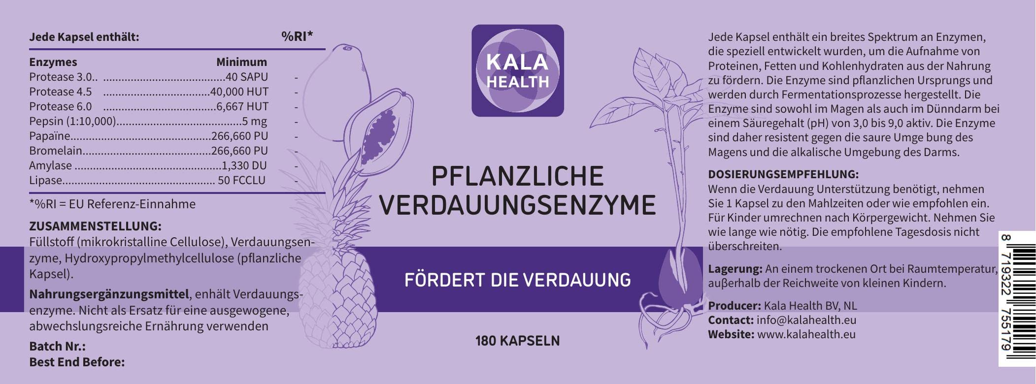 Pflanzliche Verdauungsenzyme von Kala Health - Pflanzenbasierte hochaktive Enzyme aus der Fermentation - Stabile Enzyme, Magensäure für eine optimale Aufnahme - optimieren den Abbau von Lebensmitteln