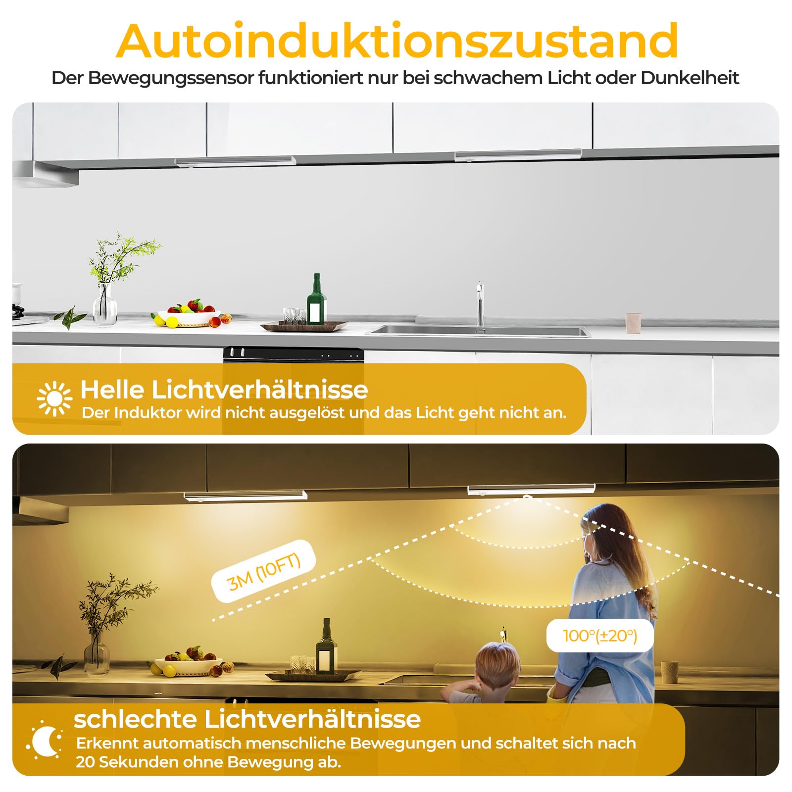 OUILA Schrankbeleuchtung LED mit Bewegungsmelder Unterbauleuchte Küche LED USB-C wiederaufladbar LED-Licht Dimmbar kabellos Nachtlicht für Küche Kleiderschrank Schrank 20.5CM 2 Stück