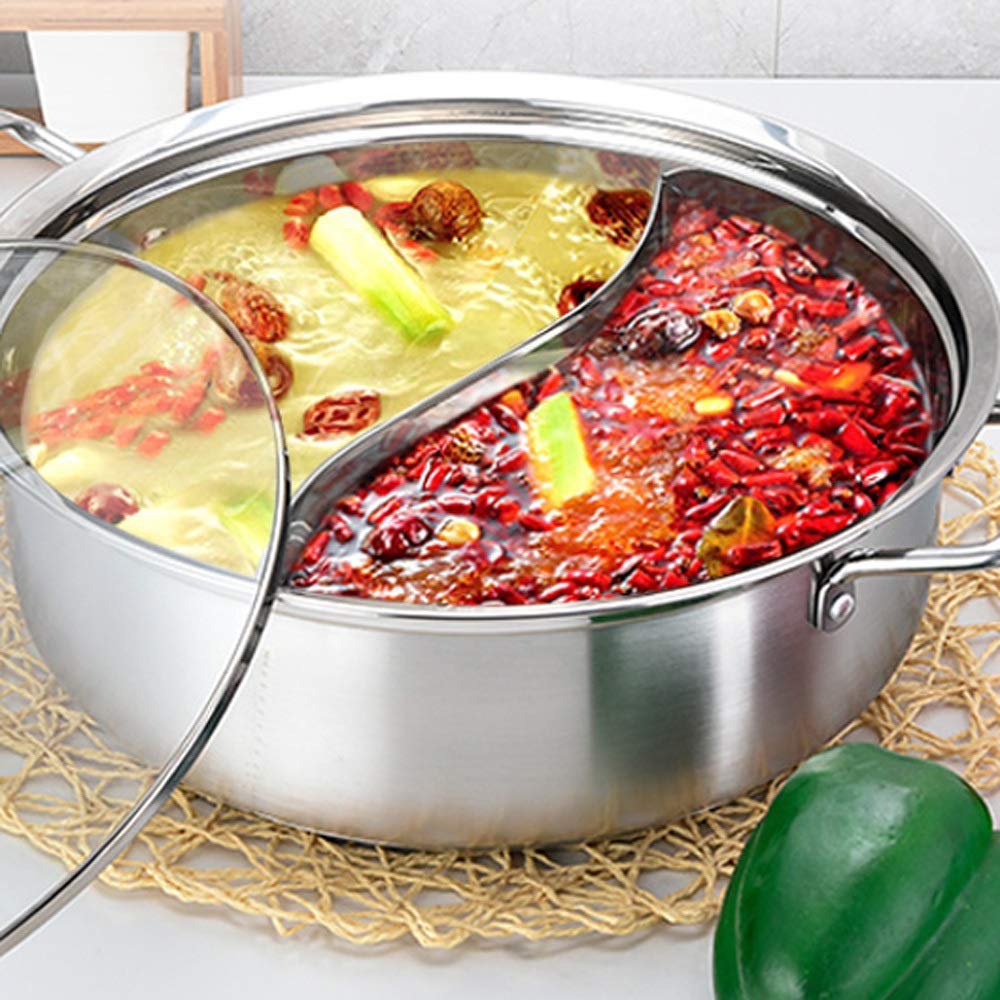 Delavala 304 Food Grade Stainless Steel Shabu Shabu Hot pot with Divider&Lid for Induction Cooktop Gas Stove Dual Sided Soup Cookware