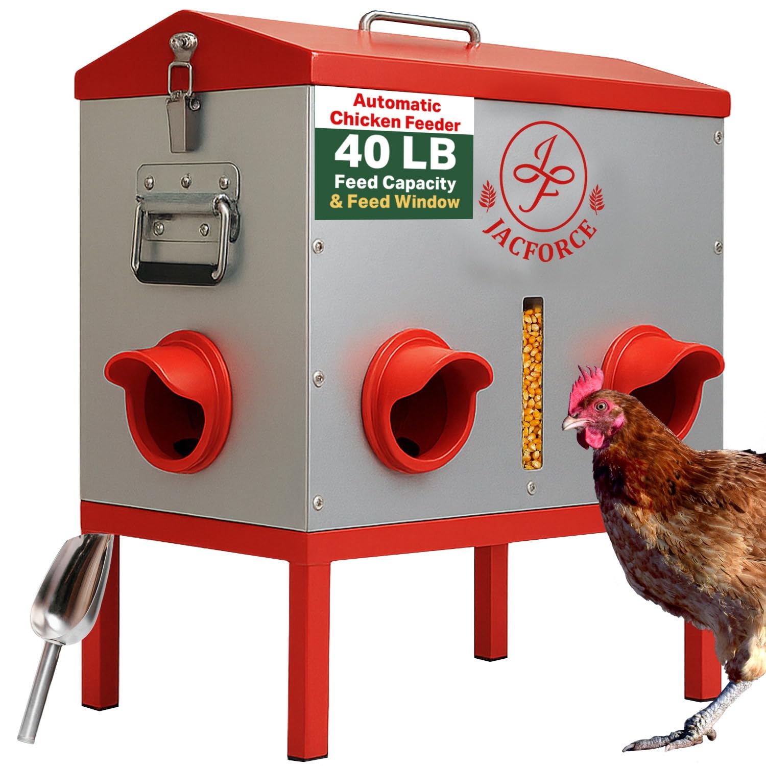 Automatic Chicken Feeder – 40lb No Waste Metal Poultry Feeder with 6 Ports, Locking Lid & Raised Legs – Stops Feed Waste & Constant Refills for Happy