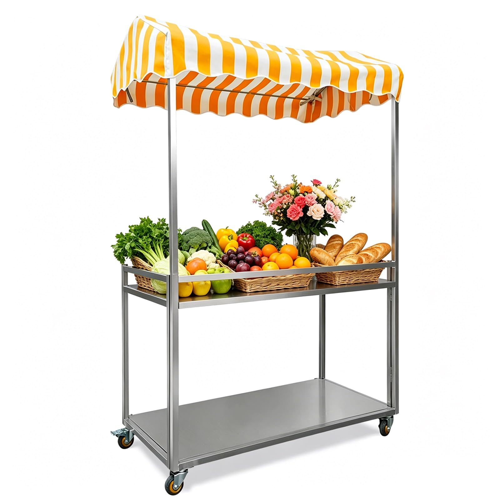 Carrito de Vendedor Plegable, Estructura Reforzada de Acero Al Carbono, Mesa de Dos Niveles, Carro de Venta Móvil con Toldo y Ruedas con Bloqueo, para Eventos(Yellow,50x100cm/20x39in)