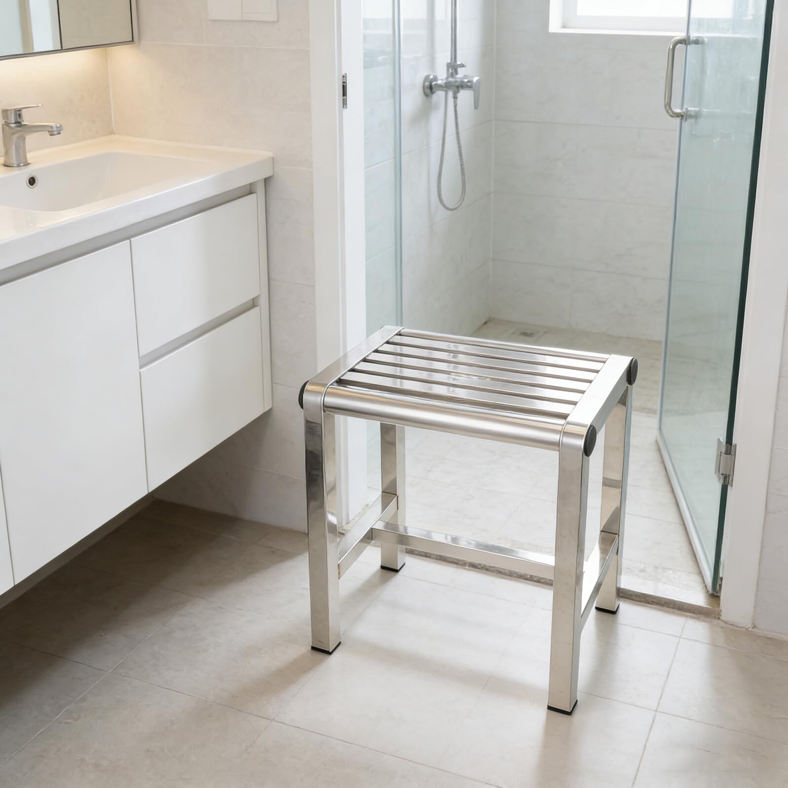FRCOLOR Taburete de Ducha para de Acero Inoxidable Antideslizante Banco de Baño Compacto y Resistente para Baño y Hotel, Adecuado para Adultos y Personas Mayores