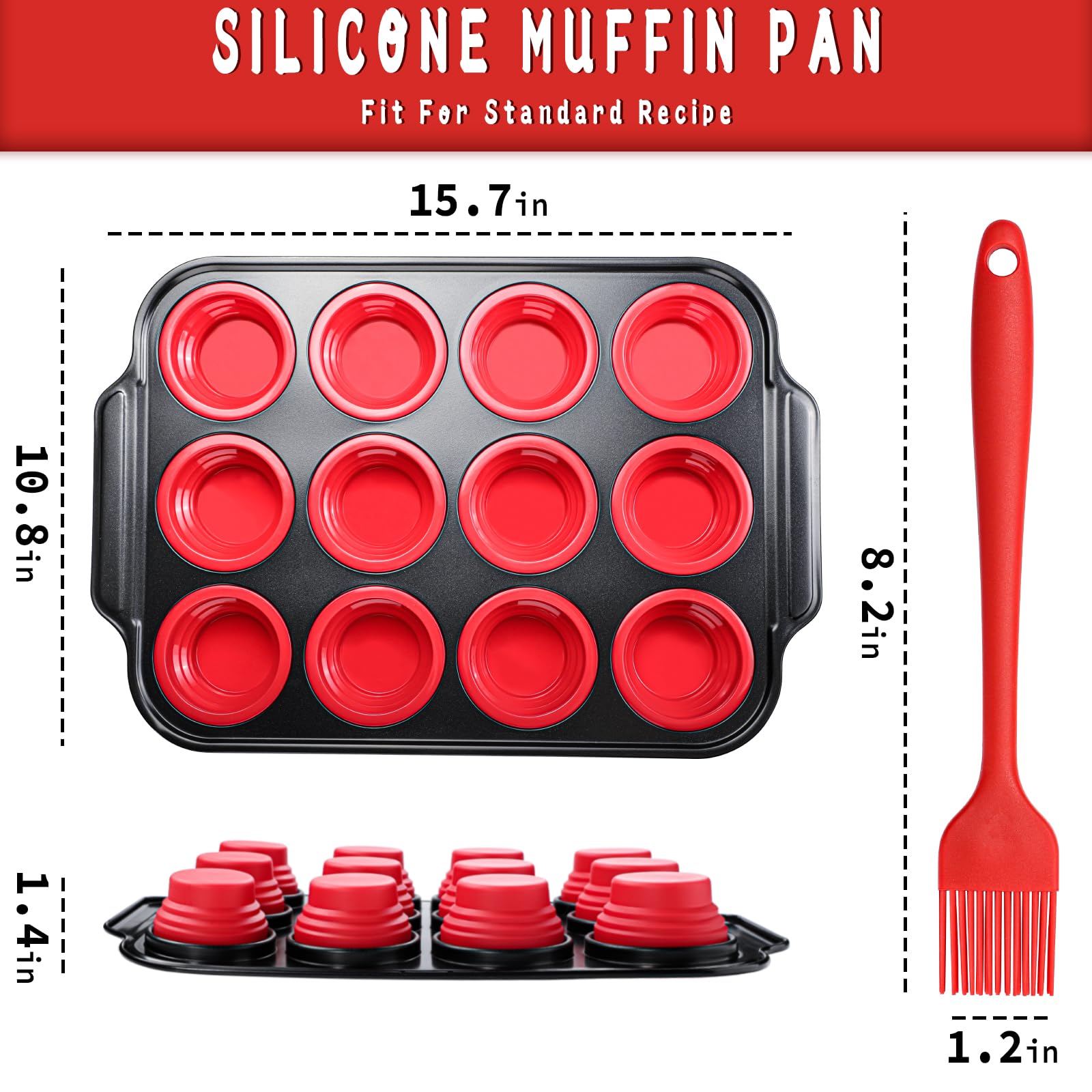 Calicage Modern Collapsible Silicone Molds in Red, 12-Cupcake Pan, Cupcake Tin, Silicone Muffin Pan, Press to Release, Oven Safe, Dishwasher Safe, Red, 12