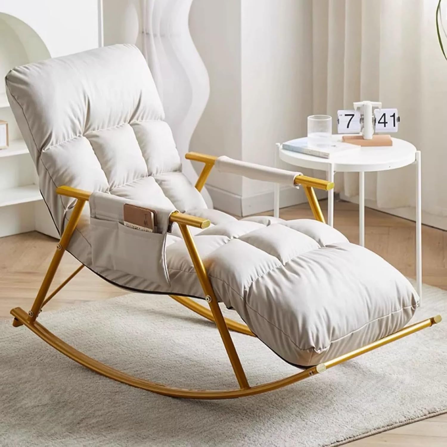 Comfortable Breathable Living Room Rocking Chair with legrest, Modern Bedroom Sofa Lounger with Cushion, Garden Rocking Chair with armrests, Adjustable backrest,with Side Pockets