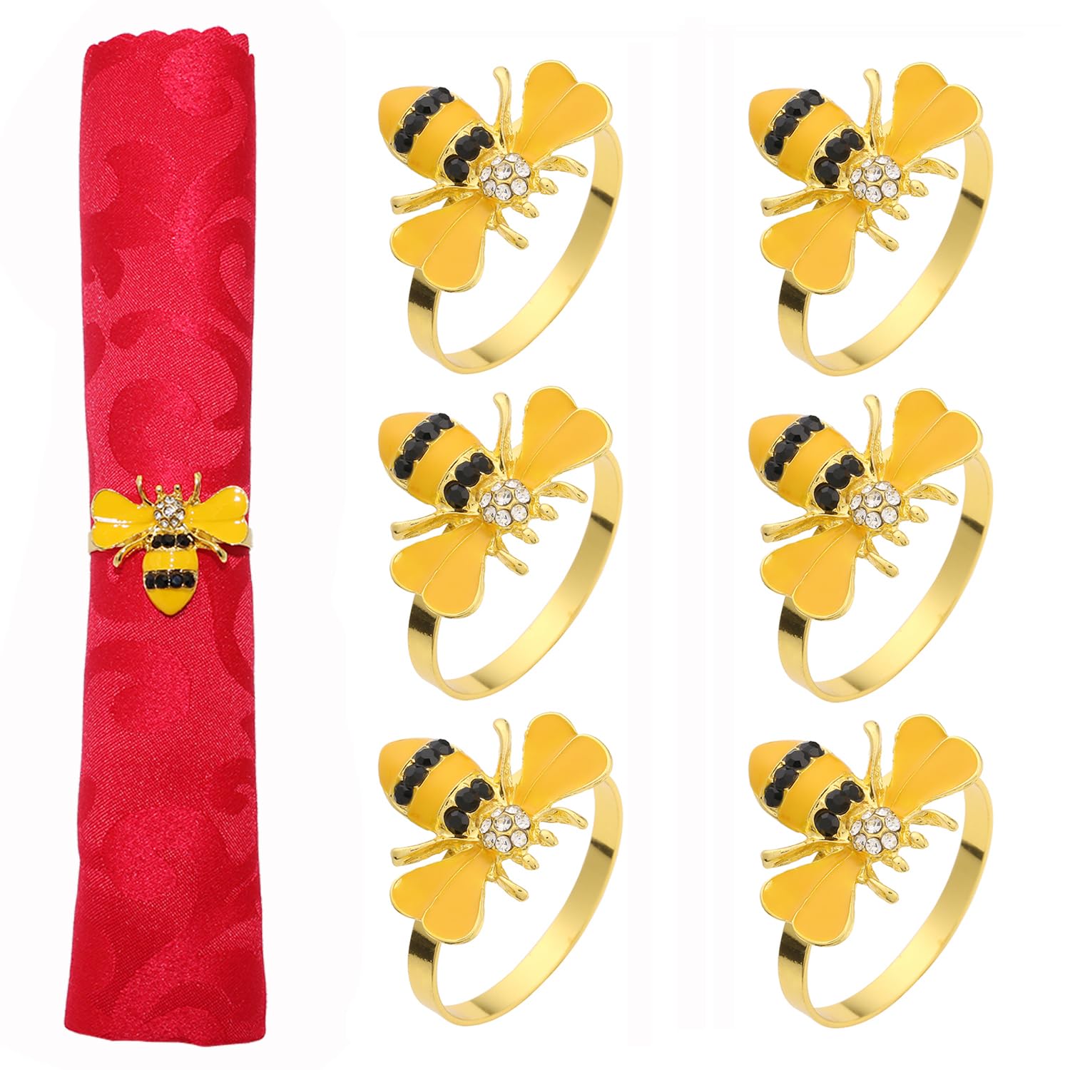 Davifina Bee Napkin Rings Set of 6 Black Rhinestone &Yellow Enamel Honeybee Napkin Holder for Spring Party Wedding Baby Shower,Fresh & Lively Dining Table Decor for Holiday Gatherings,Family Daily