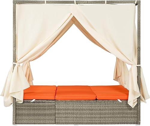 Miniatura 7 de LUMISOL Cama con dosel para exteriores, patio, cama con sol ajustable, con toldo retráctil, tumbona de ratán para patio, sofá biplaza con cortinas