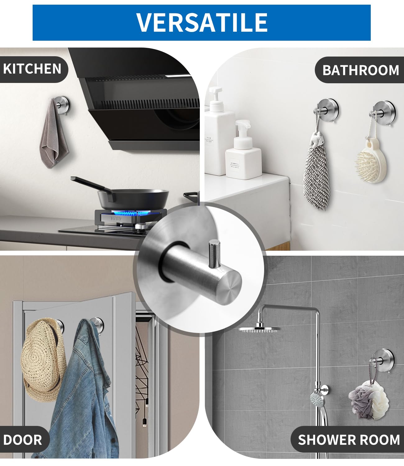 4 Ganci Ventosa 304 Acciaio Inossidabile Extra Forte, Appendini per Asciugamani Bagno e Cucina Senza Fori, Ganci Ventosa per Bagno, Ideali per Appendere Asciugamani e Accessori da Bagno