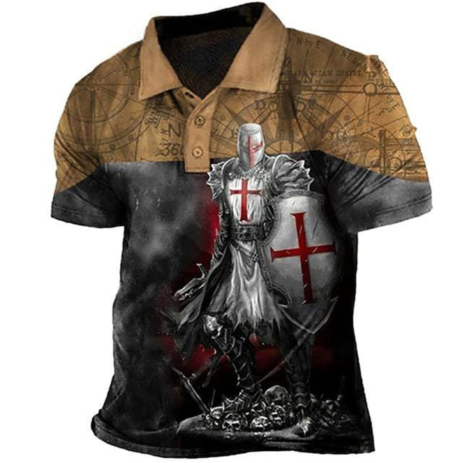 XUNGHO Men's Knights Templar Printed Polo Lapel T-Shirt Outdoor Stitching Color Summer Short Sleeve Crusader Polo Shirt