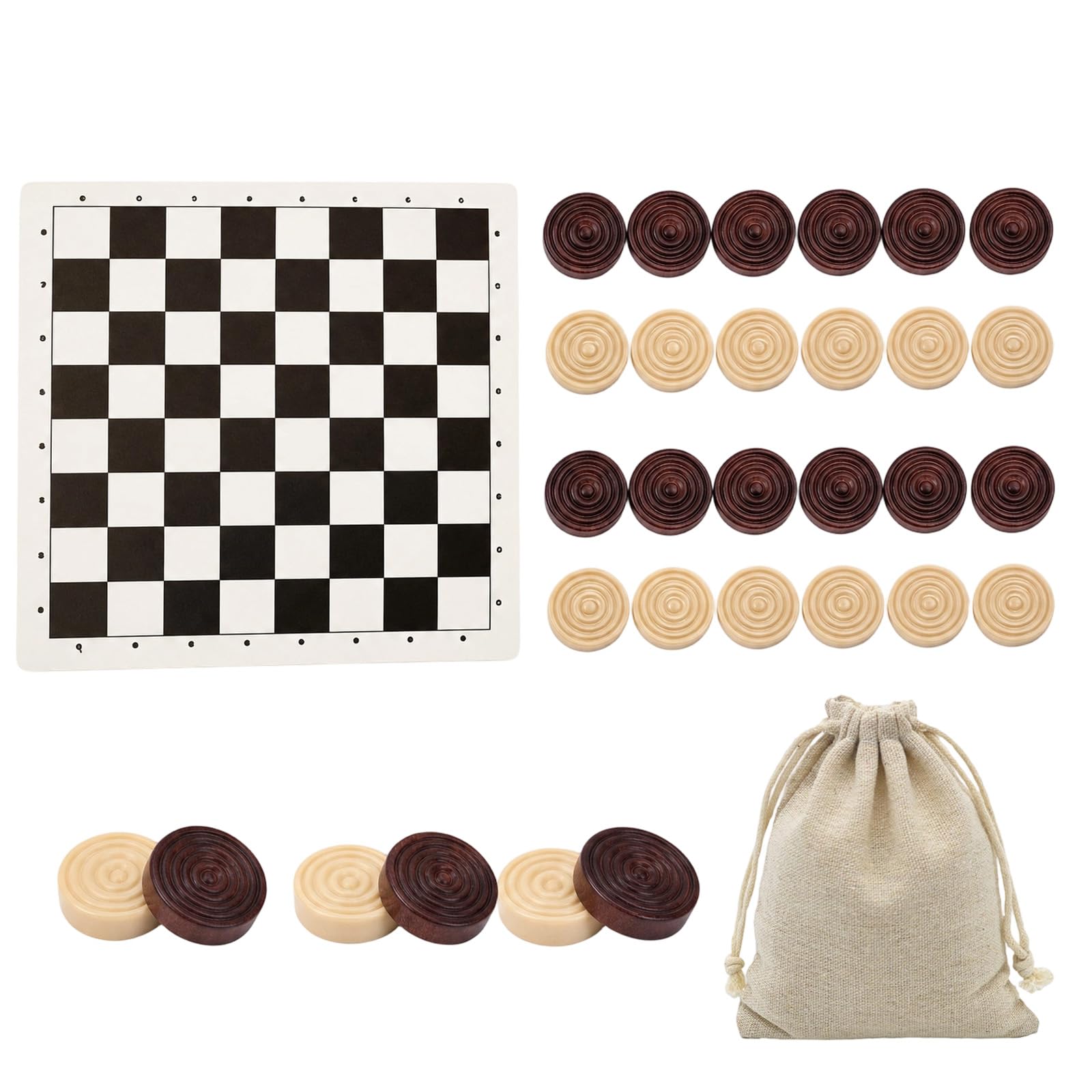 Wooden Draughts Board Game, 24 Pieces with Storage Bag and A Chessboard