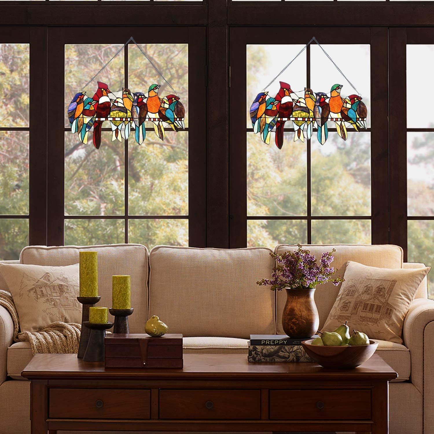 Capulina Mothers Day Stained Glass Birds Gifts Window Hangings 9 Multicolor Birds on a Wire Suncatcher Birds Lovers Gifts Decor for Home Office