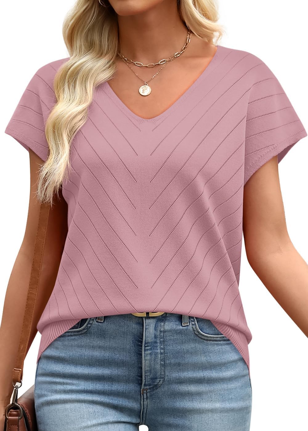 WIHOLL Short Sleeve Sweater for Women V Neck Trendy Summer Tops 2026 Beach Vacation Clothes Travel Business Casual Outfits thumbnail