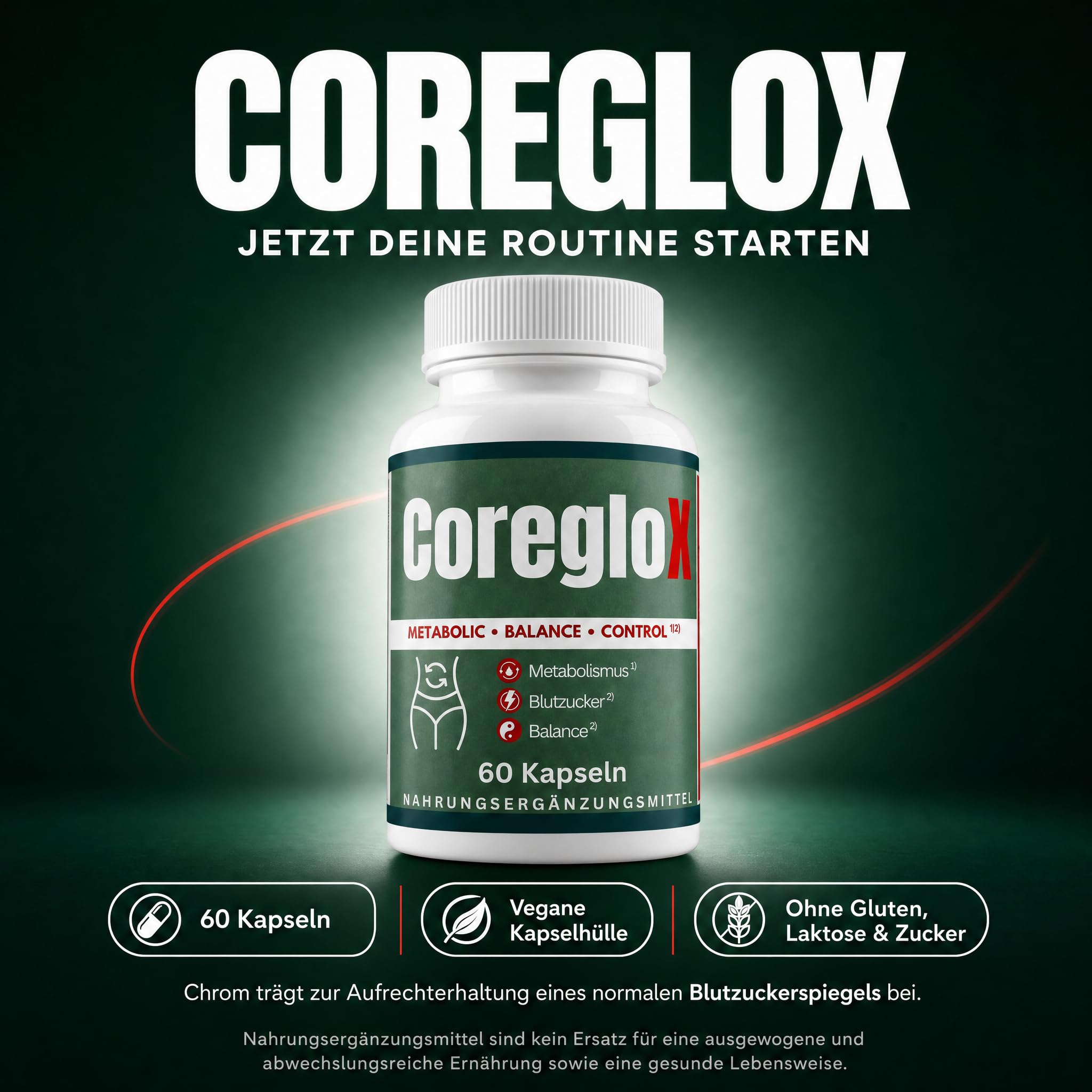 CoreGLO X 60 Stoffwechsel Kapseln mit Chrom & Jod, Original von ZENICAPS – Chrom für normalen Makronährstoffwechsel, Jod für Energiestoffwechsel – mit Grüntee, grünem Kaffee, L-Carnitin & L-Tyrosin