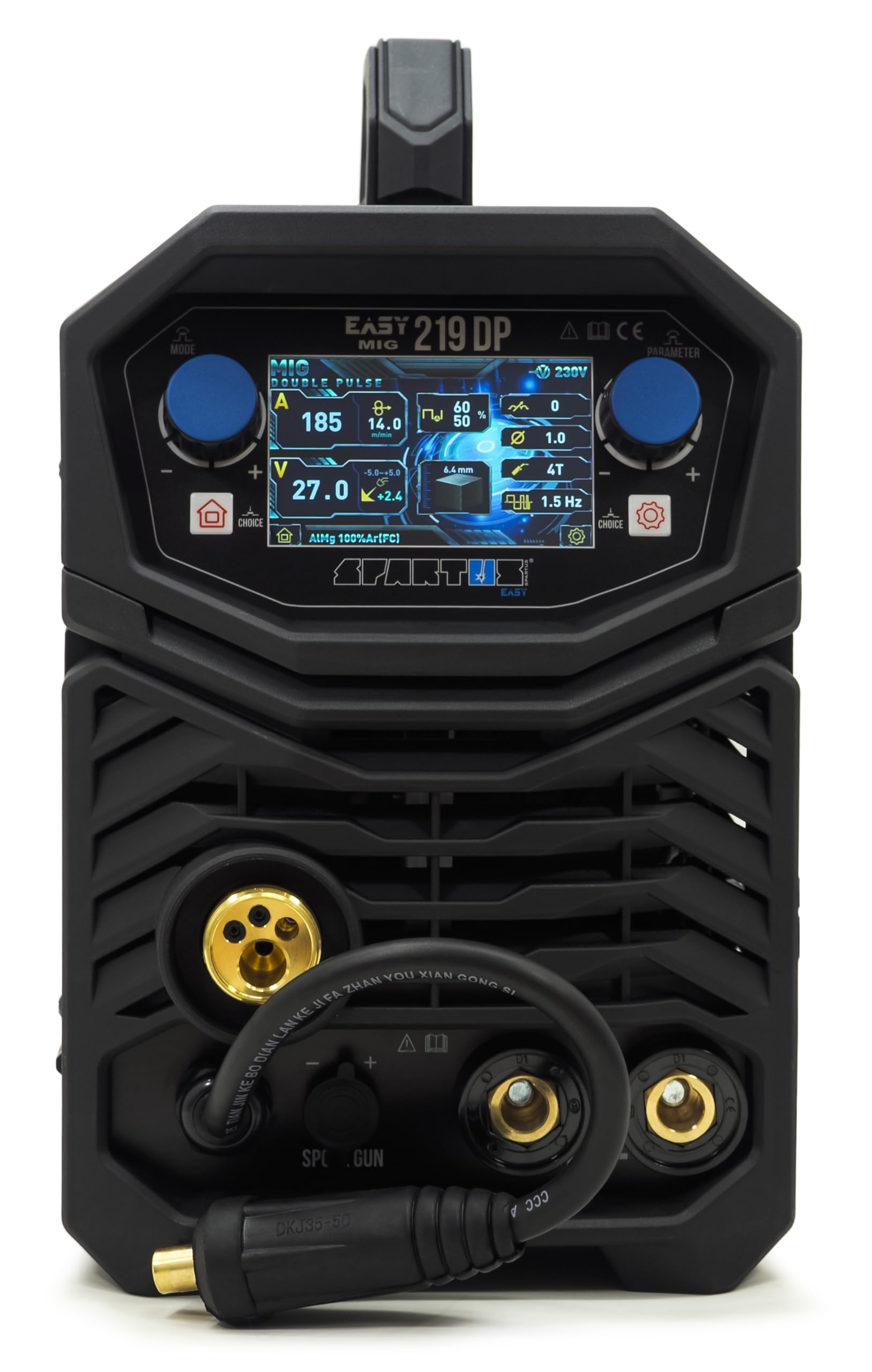 SPARTUS EasyMIG 219 Dual Pulse Starter-Set - MIG MAG SCHWEISSGERÄT 200A - Synergic Komplettset sofort startklar - Inkl. Schutzgas-Paket & Draht für Edelstahl - Bestschweissen.de
