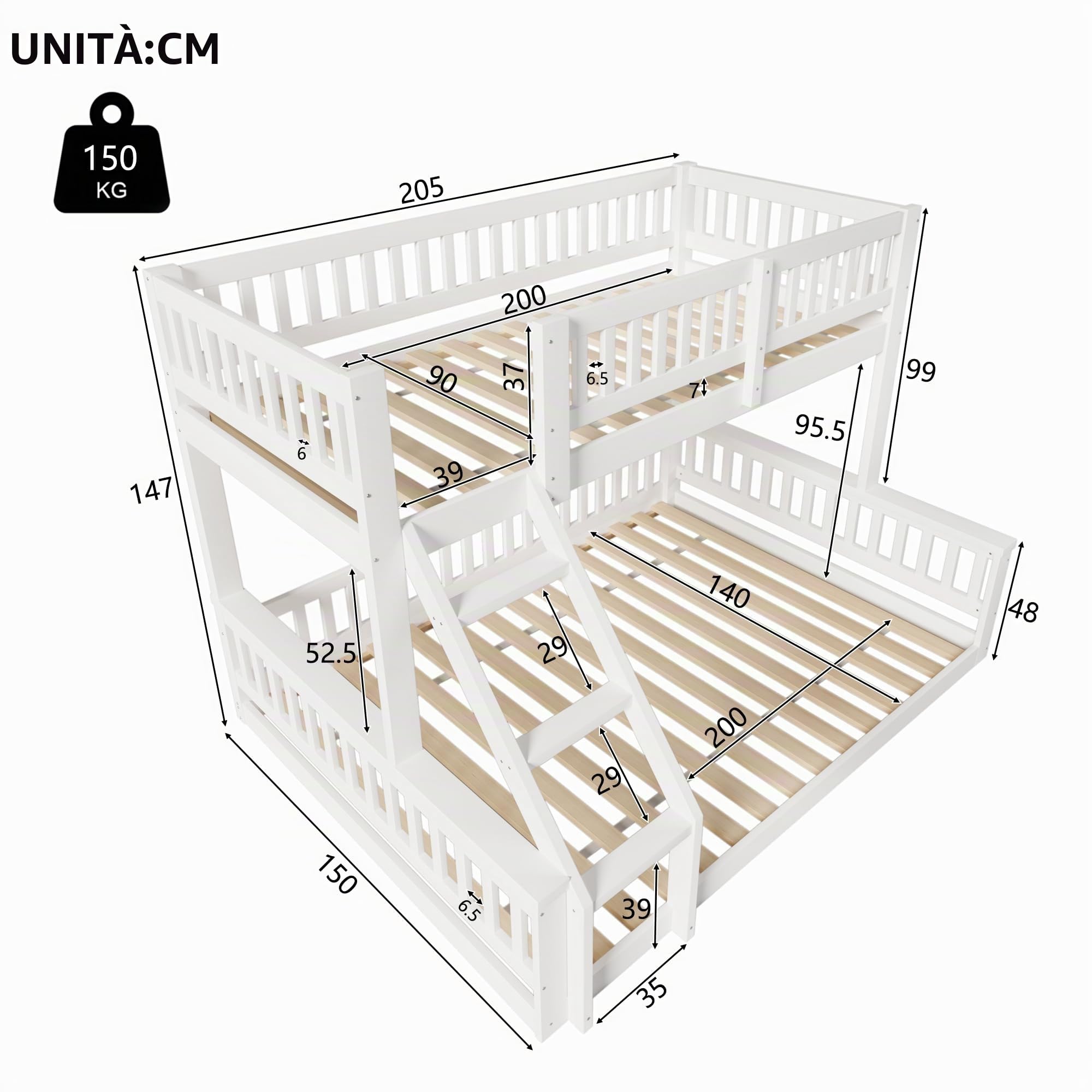 Letto a castello, 90 x 200 cm + 140 x 200 cm, scaletta, sponda per letto, stile semplice, senza materasso, bianco
