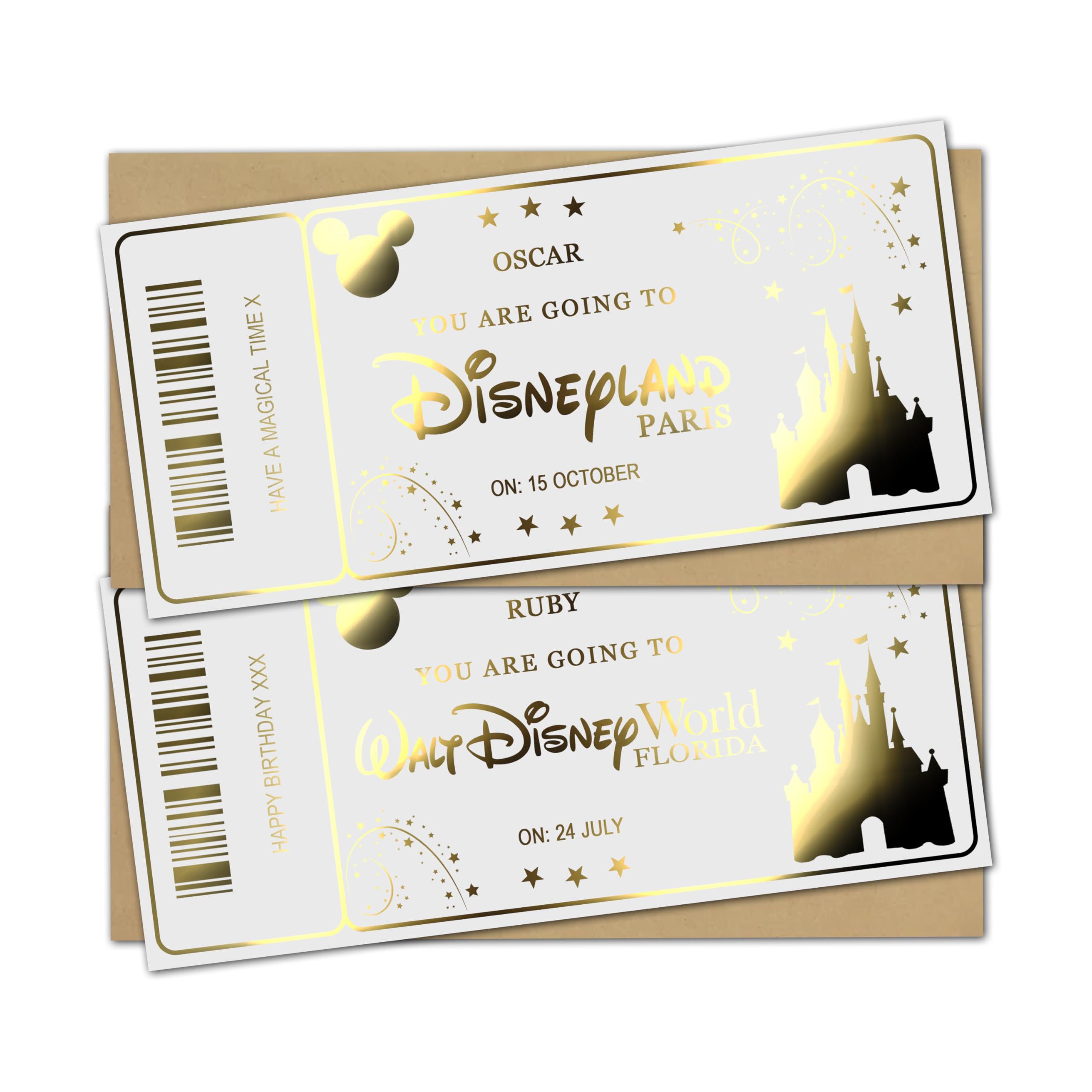 Personalised Disneyland Paris Metallic Foil Ticket, Disney World Florida Surprise Holiday Reveal Custom Gift Voucher
