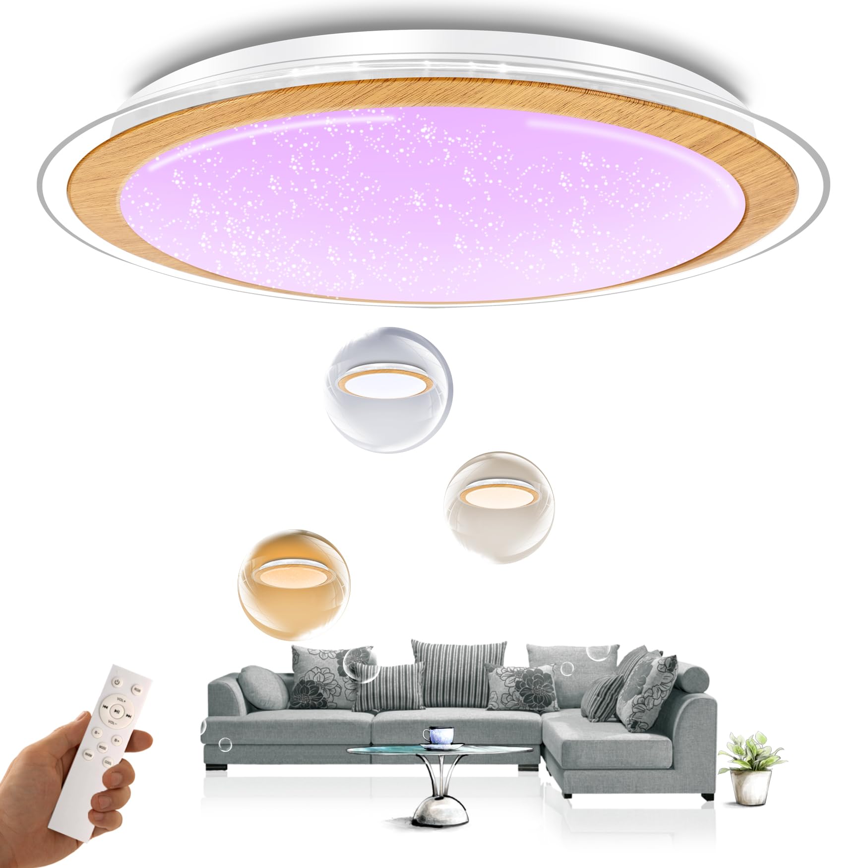 chysongoods-XYM LED Music Ceiling Light with Bluetooth Speaker Φ53cm 55W Voice and APP Control Compatible with Alexa/Google Home RGB Color Changing Dimmable Color Adjustment with Remote Control