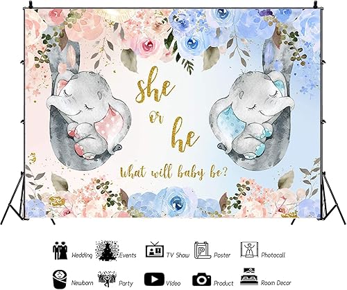 Miniatura 3 de Telón de fondo de elefante de 7 x 5 pies para baby shower, cartel de fotografía con texto en inglés "She or He Sign", elefante rosa y azul, baby