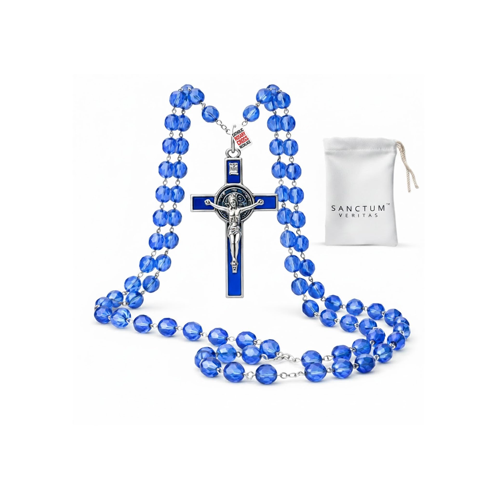 SANCTUM VERITAS Catholic Rosary Necklace | Large Bead Italian Rosary, Christian Prayer Beads for Car Mirror Decor, First Communion Religious Gift for Men and Women, Catholic Keepsake (Blue Crystal)