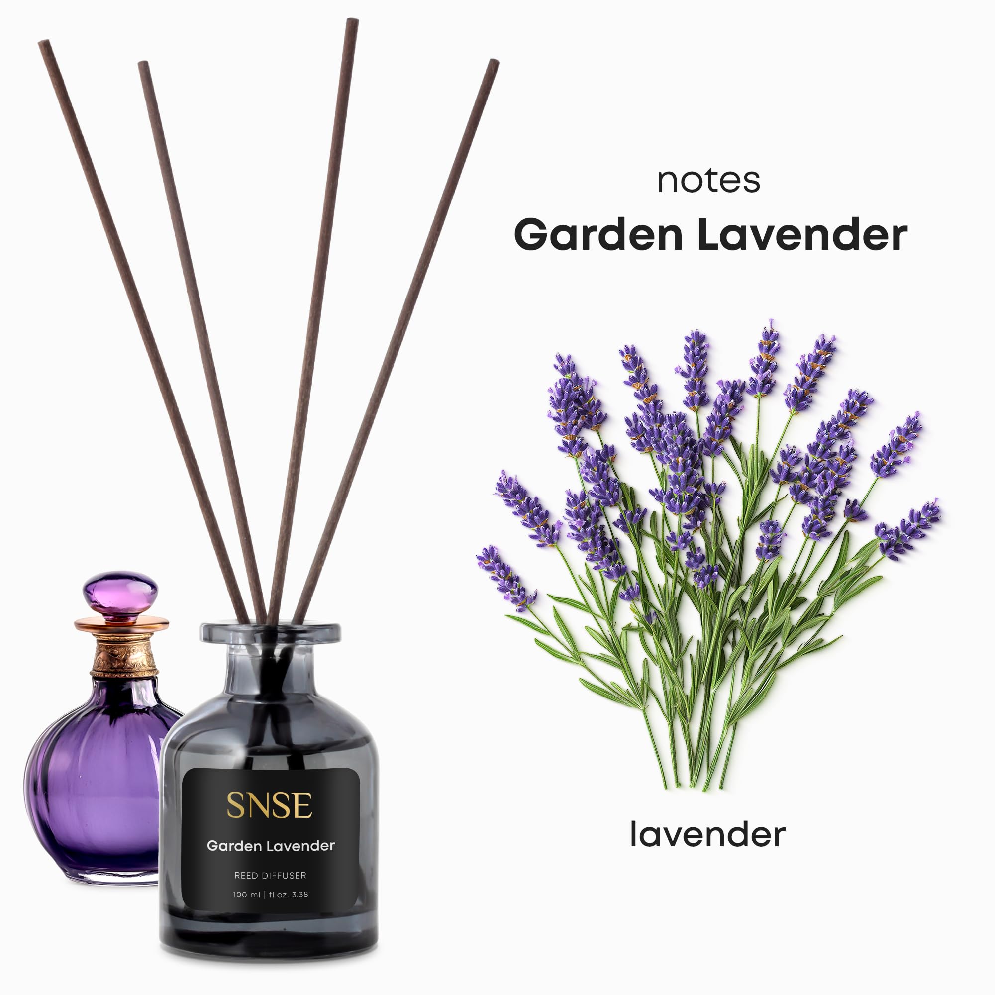 SNSE Garden Lavander Schilfrohr-Diffusor-Set, 95 ml, Duftöl-Diffusor für Schlafzimmer, Badezimmer, Heimdekoration und Geschenk, dekorative Lufterfrischer mit Stäbchen