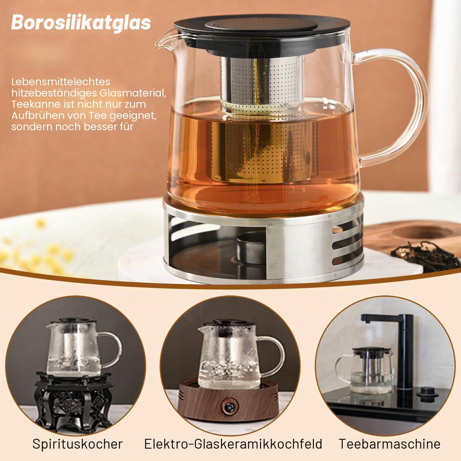 1.5L Glaskanne mit Sieb, Teekanne Glas Teekanne Mit Siebeinsatz, Hitzebeständige Glasteekanne, Glas Teapot, Ideal für Lose Blätter und Kräutertee und Saft, 21,5 x 15 x 13,5 cm