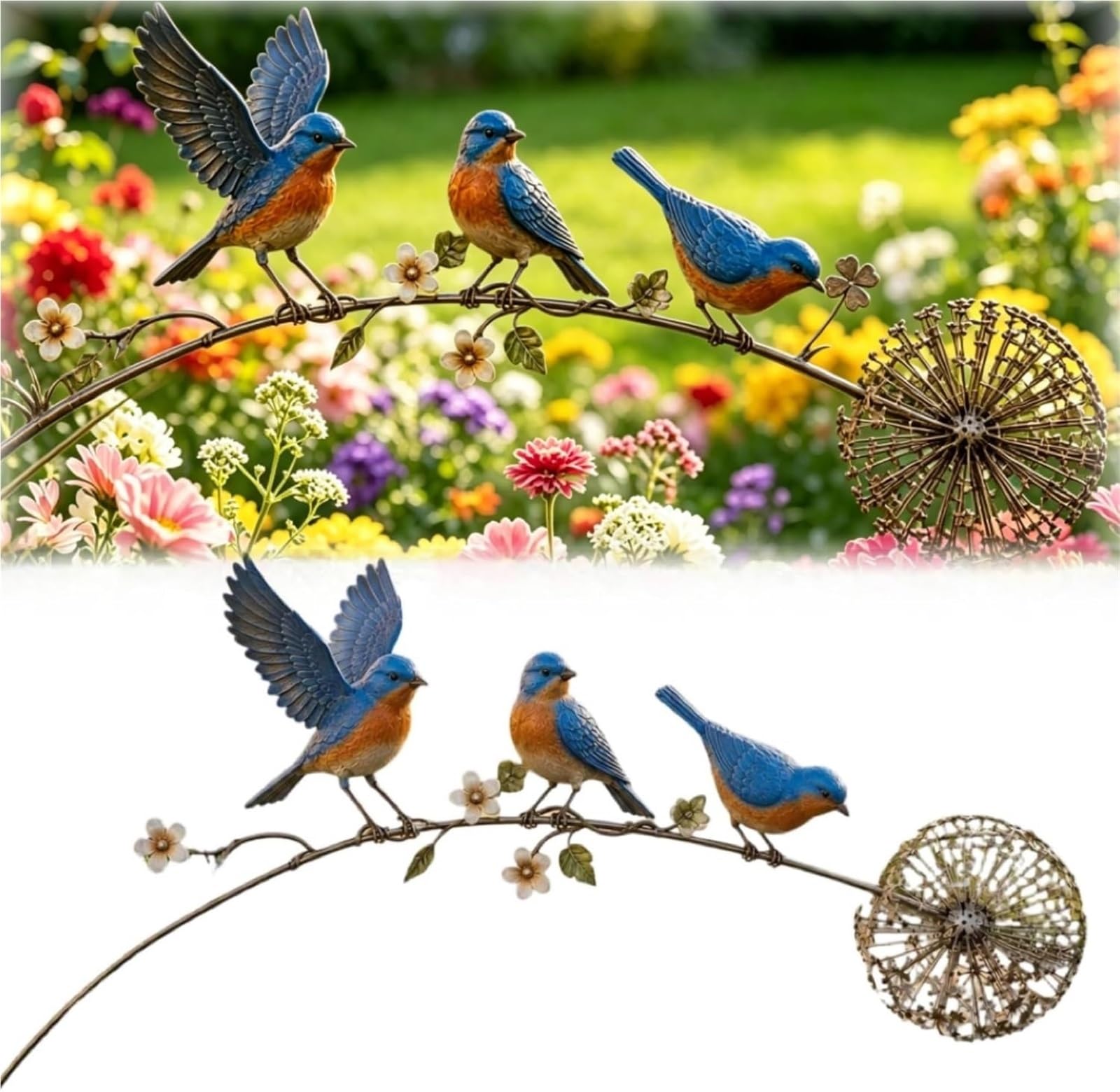 CAIFUGUIHE Metal Robin Garden Stake with 3 Birds and Dandelion