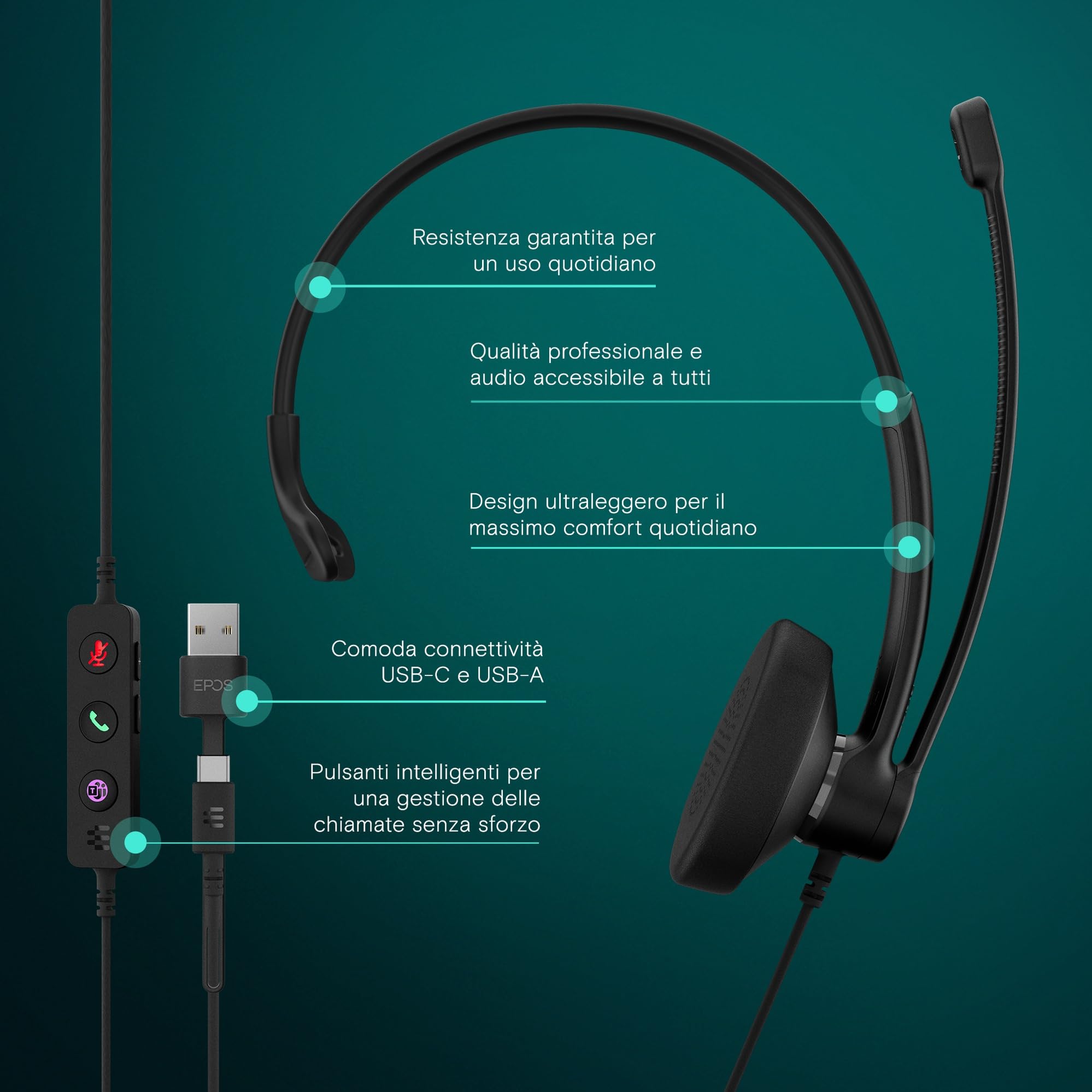 Cuffie EPOS Impact 100 MS Mono USB-C+A Certified Teams - Dettaglio