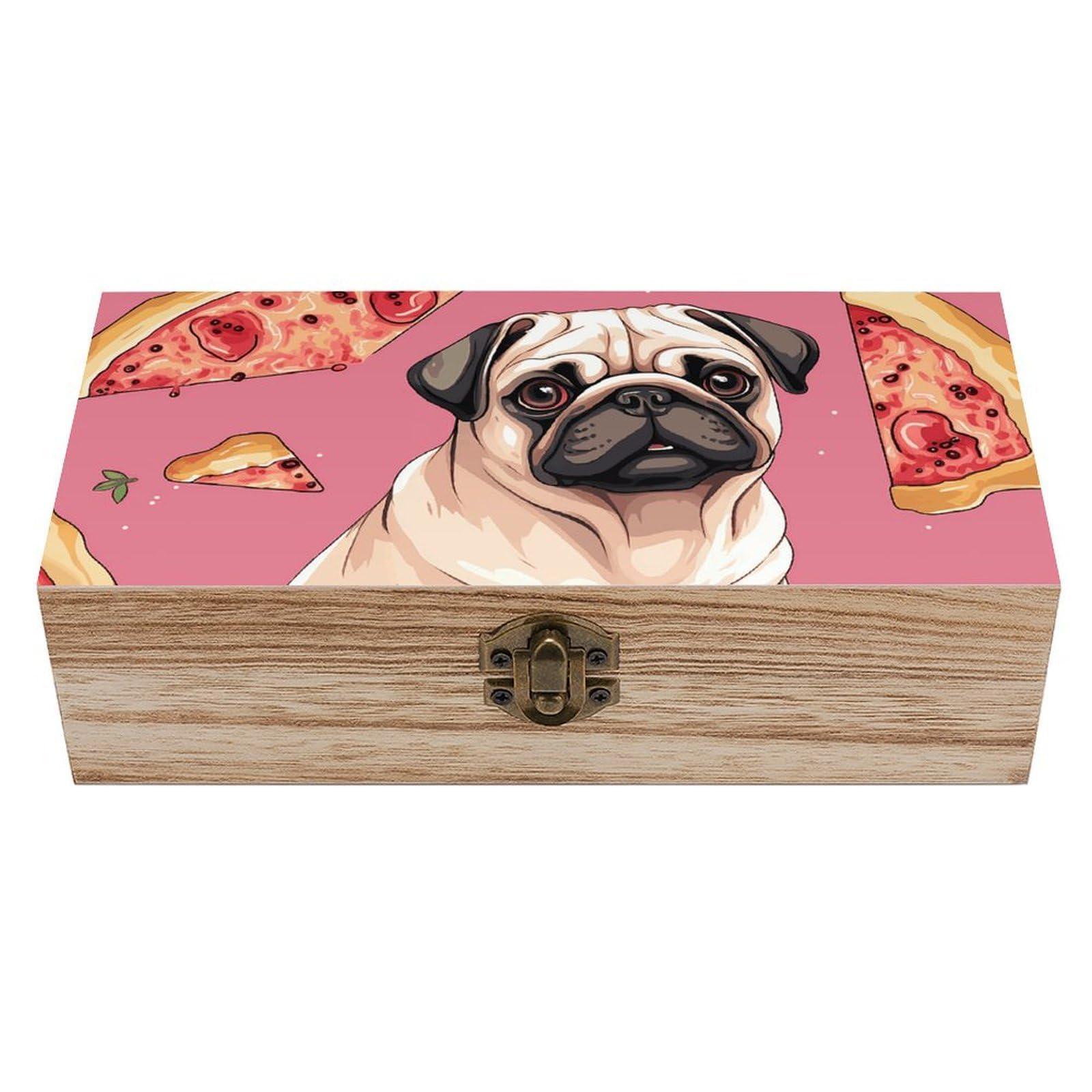 NONHAI Wooden Storage Box Pug Pizza Wood Gift Box with Hinged Lid Vintage Decorative Jewelry Boxes Memory Box for Jewelry Art Hobbies Home Storage Treasure Keepsake Gift 7.9''x3.9''x2.3''