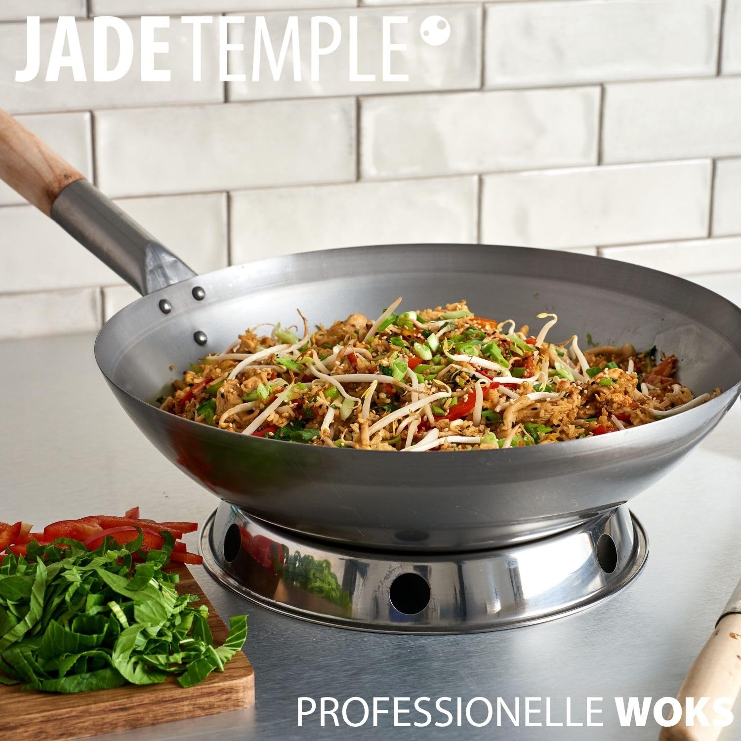JADE TEMPLE Wok aus Carbonstahl, mit rundem Boden und 33 cm Durchmesser, mit rundem Holzgriff, 56 x 35 x 25.5 cm, Grau – Ansicht 6