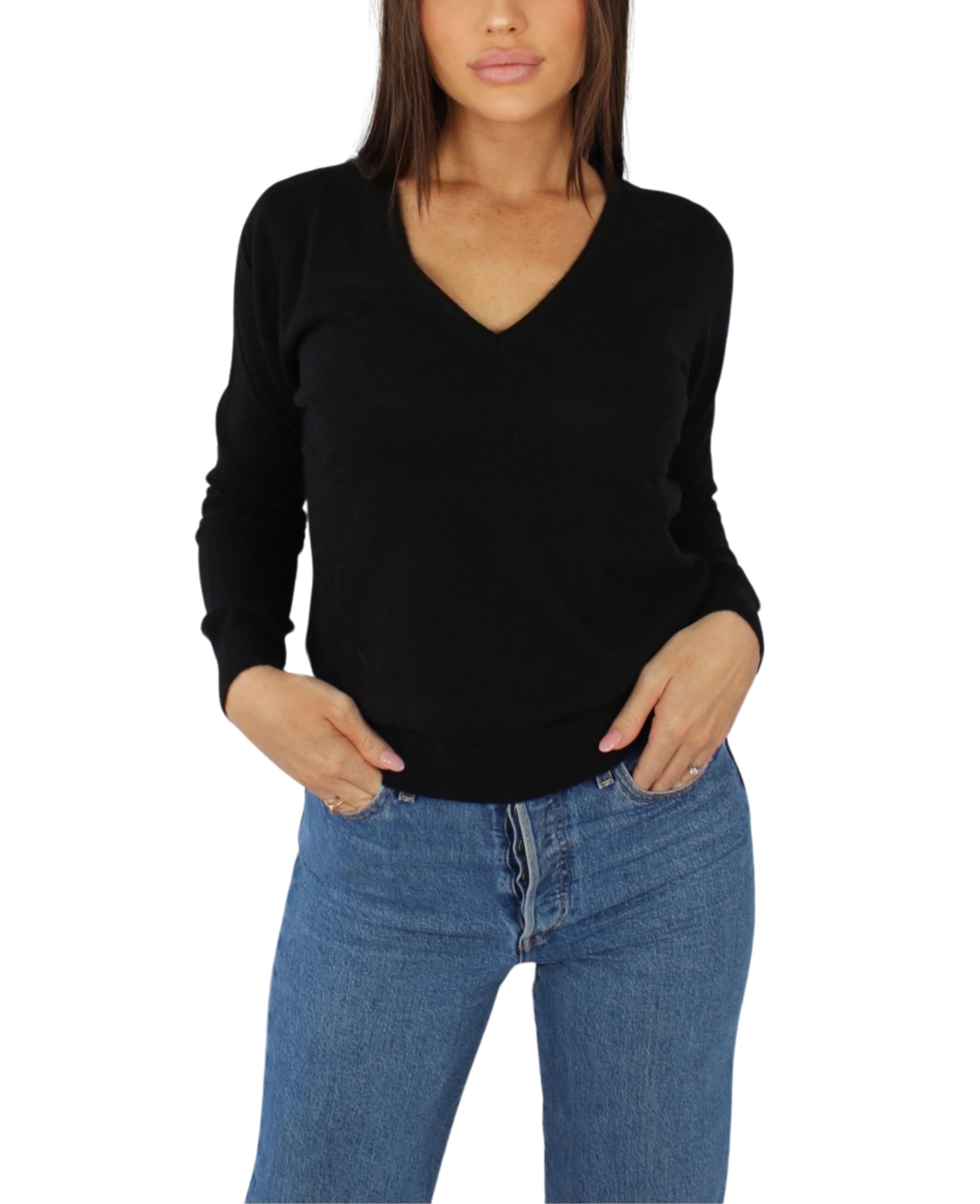 Win's Women's Cashmere V-Neck Sweater, Made in Italy, Black, XXL