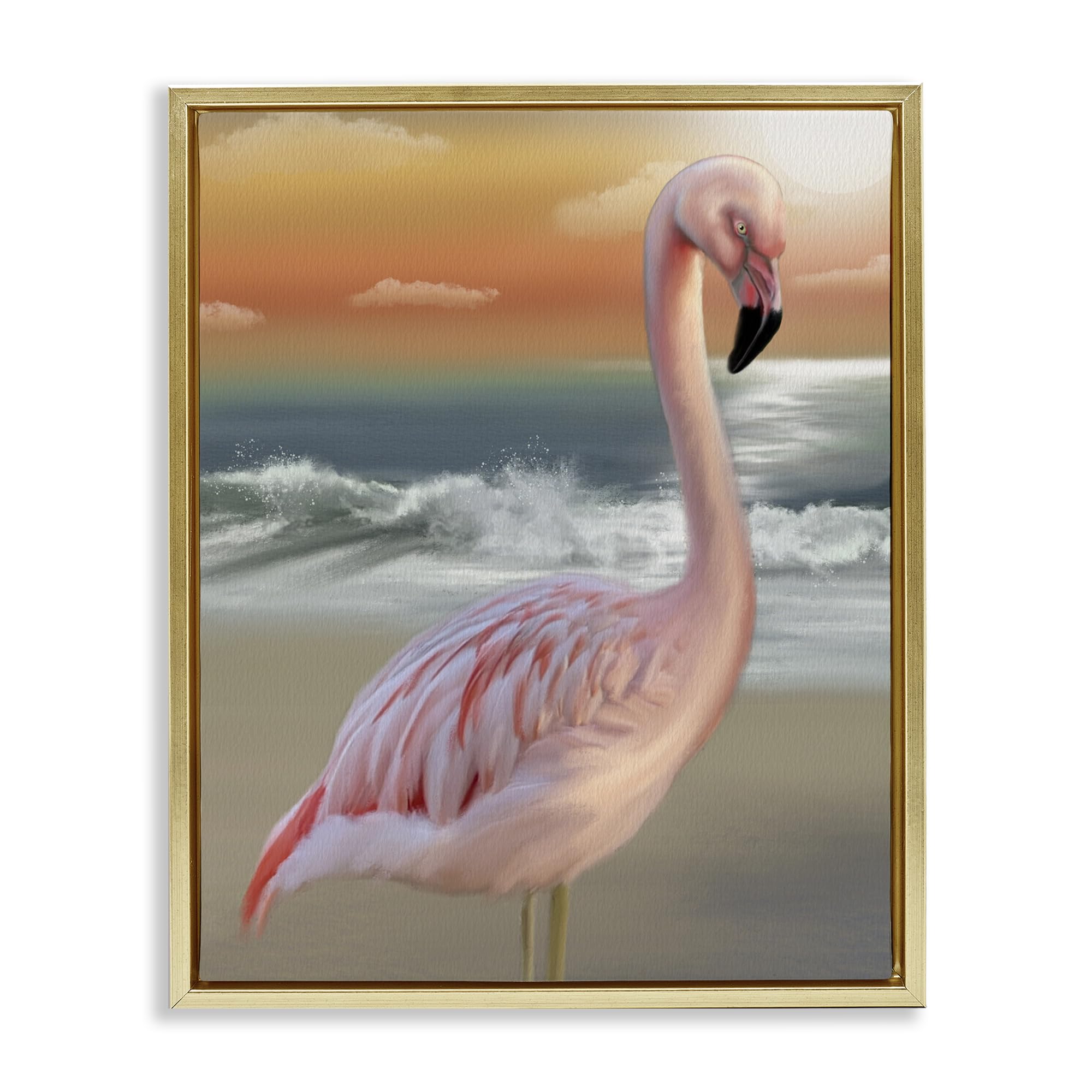 Stupell Industries Flamingo Sunset Ocean Reflection 'Coastal Beach Flamingo', Floating Frame Canvas Art, Gold, 25 X 31 Inches, Easy To Hang And Sturdy, Made In Usa, By Matthew Piotrowicz