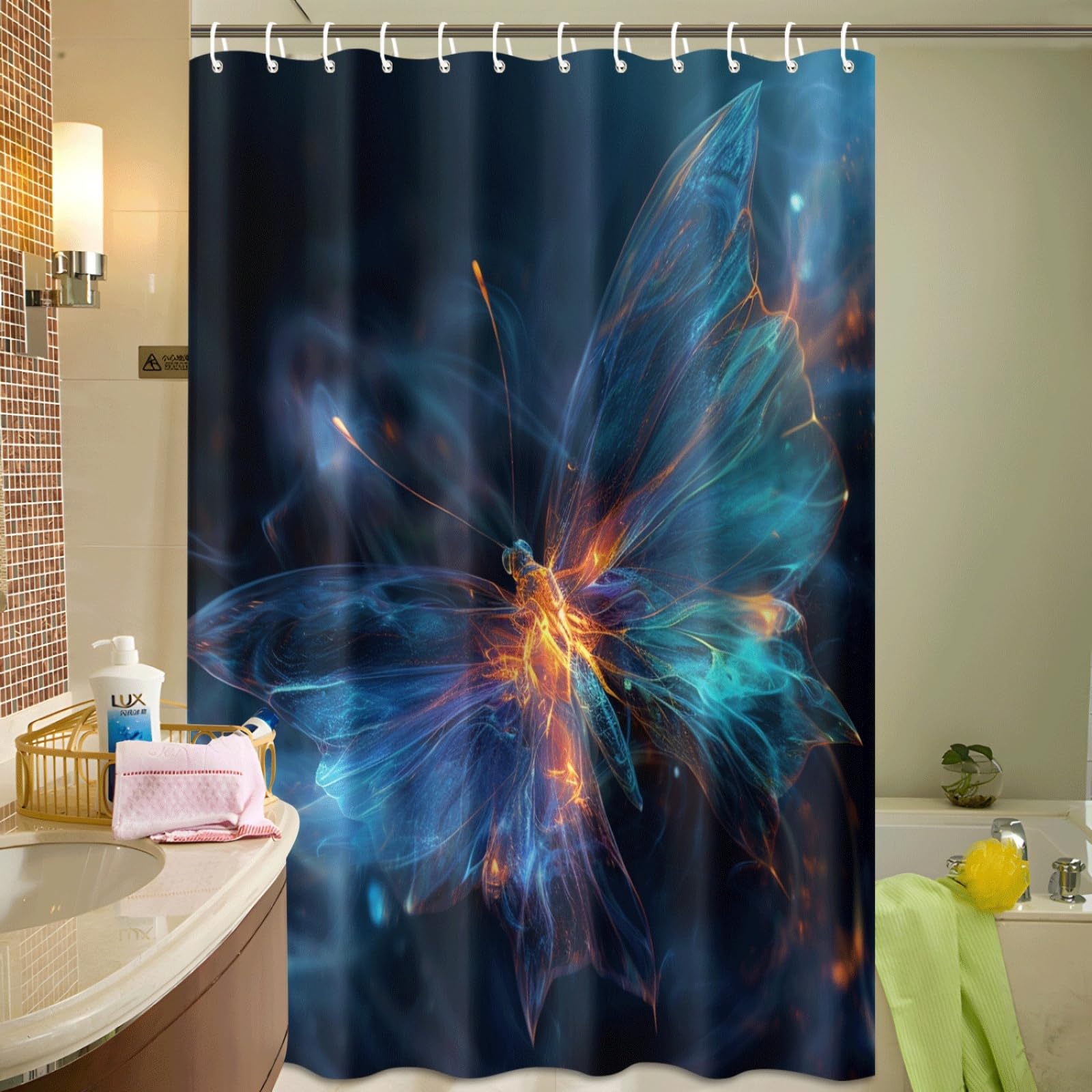 Tenda Doccia Farfalla Verde Blu Tenda Doccia Antimuffa Impermeabile Poliestere Lavabile con 12 Ganci Facile da Installare Tende Finestra Bagno per Dormitorio Hotel (180x220cm)