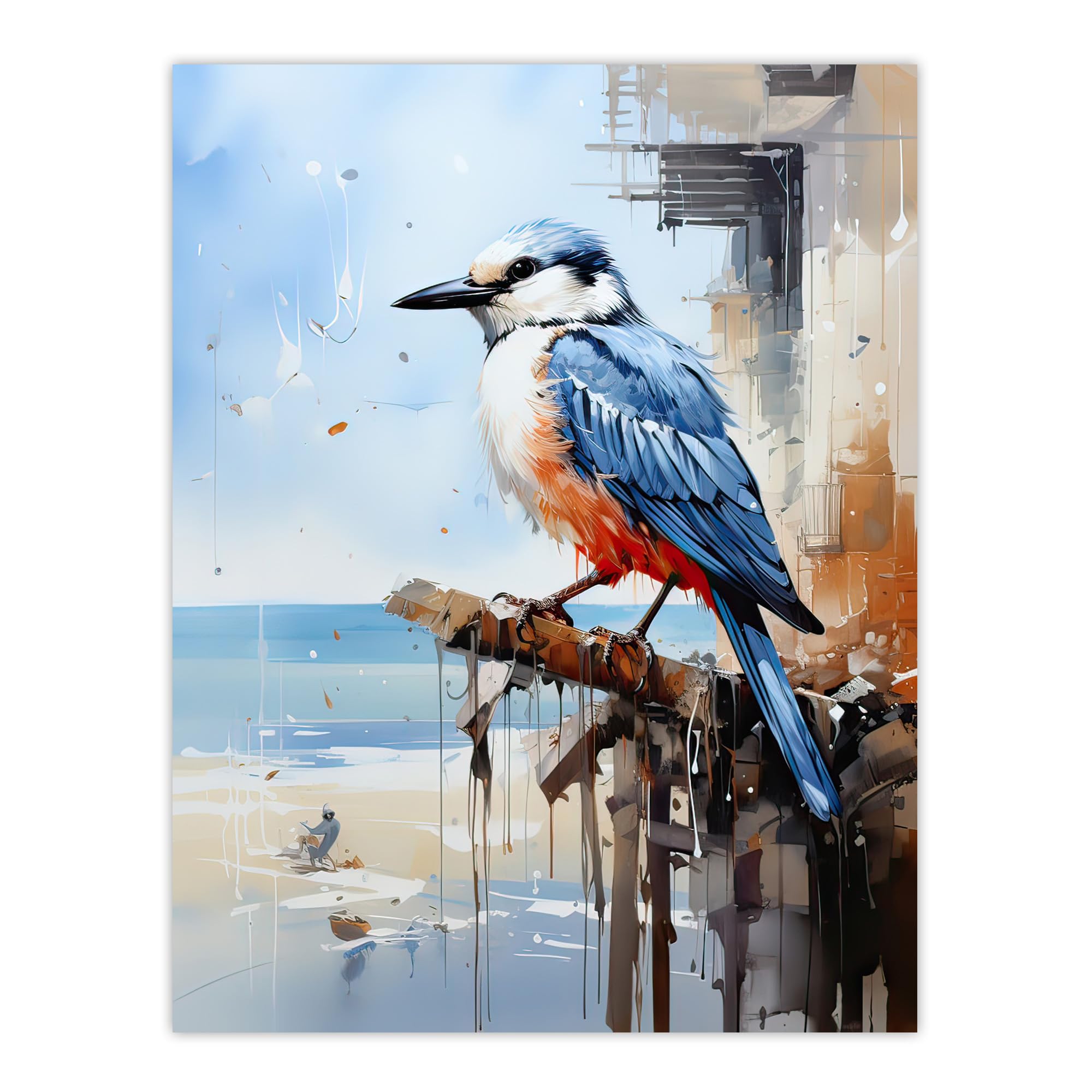 Artery8 Bird by the Beach Kingfisher Portrait Oil Painting Unframed Wall Art Print Poster Home Decor Premium