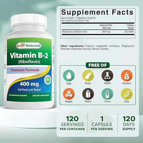 Miniatura 2 de Best Naturals Vitamina B2 (riboflavina) 400 mg - Alivio de la migraña - Cápsulas vegetales - Precursor de conezima - 120 unidades (120 unidades