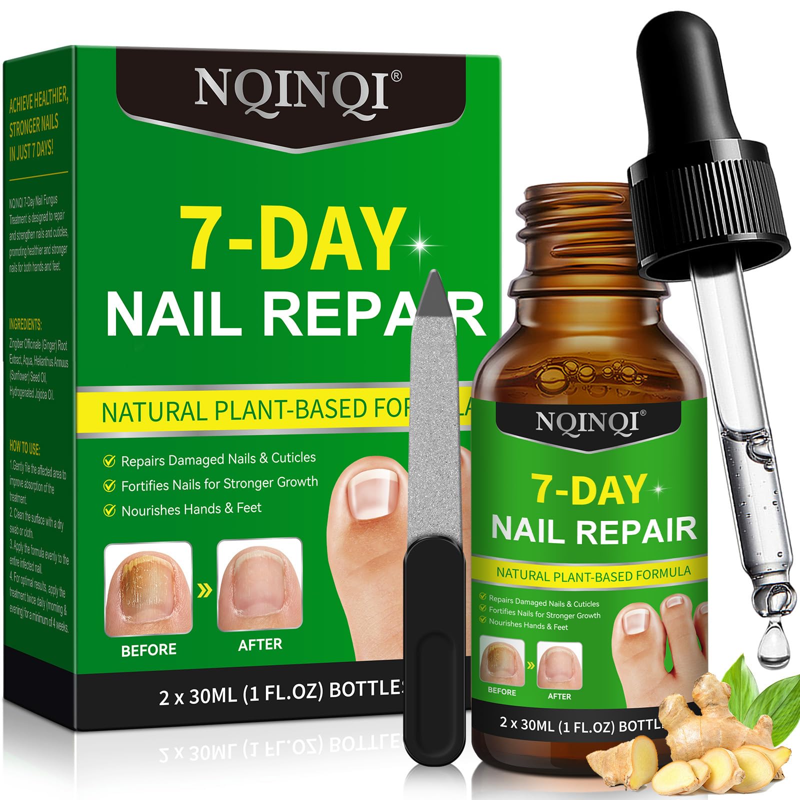 7 Days Nail Fungus Treatment Extra Strength, Toe Nail Growth Oil, Ginger Nail Growth Serum, Foot Toenail Serum for Brittle Thin Damaged Nails Strengther and Growth, Repairs Cuticles - 2 Pcs Pack