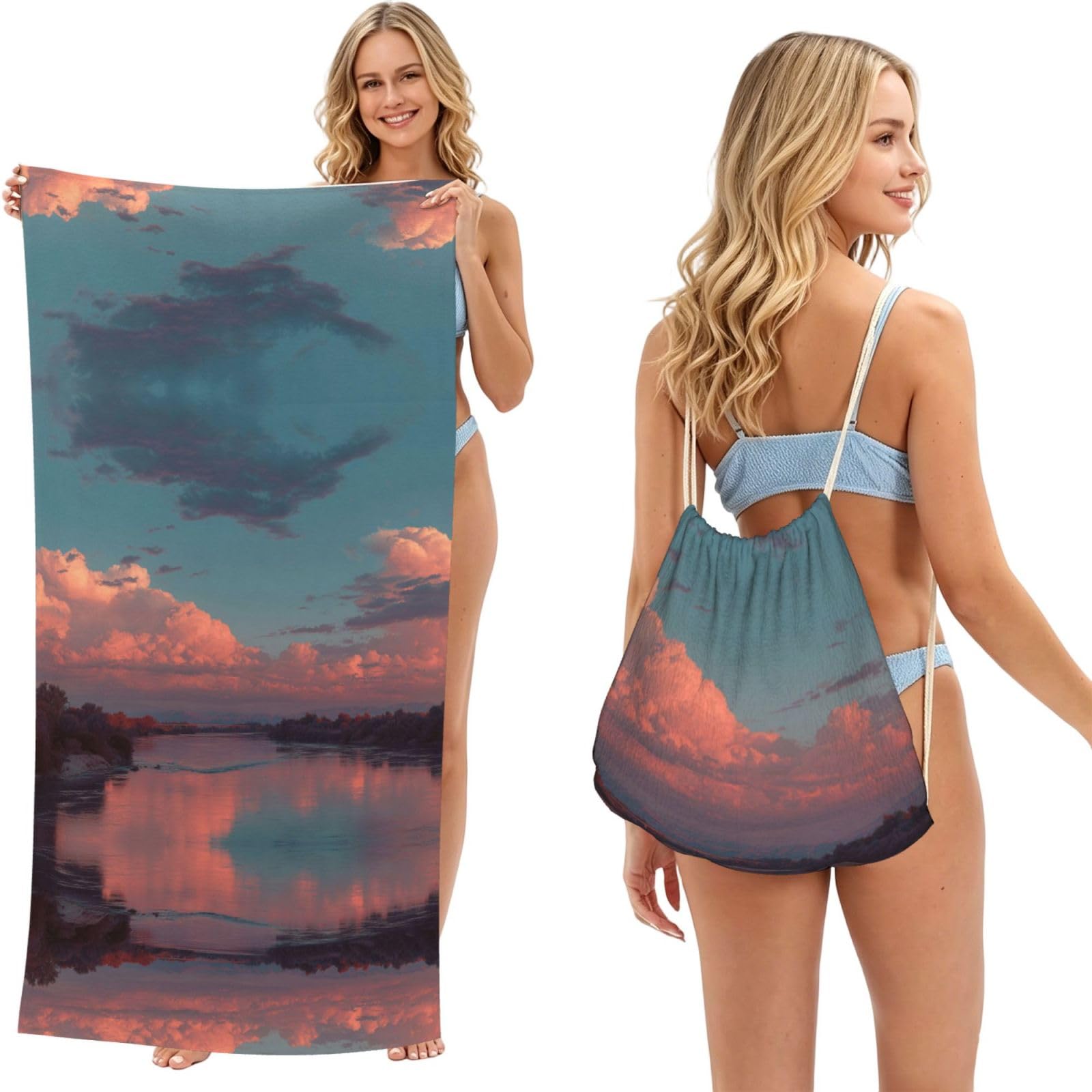 ESNAIUVCD River And The Great Sky Print Beach Towel For Adults,Towel With Drawstring Bag, Travel Pool Swimming Sports Shower Sand Free Quick Dry Bath Towel For Pool, Beach, Yoga- 180x60cm