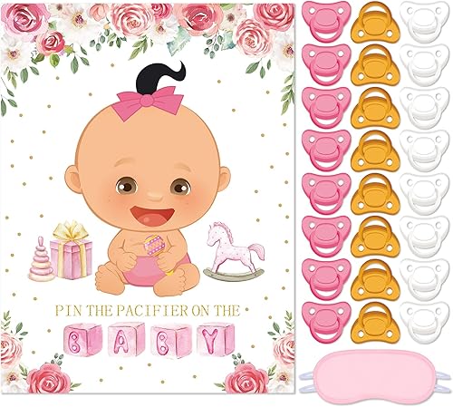 Miniatura 10 de Faccito Juego pon el chupón para baby shower Decoraciones para fiesta de baby shower Incluye póster grande 24 pegatinas de chupete Juego con venda
