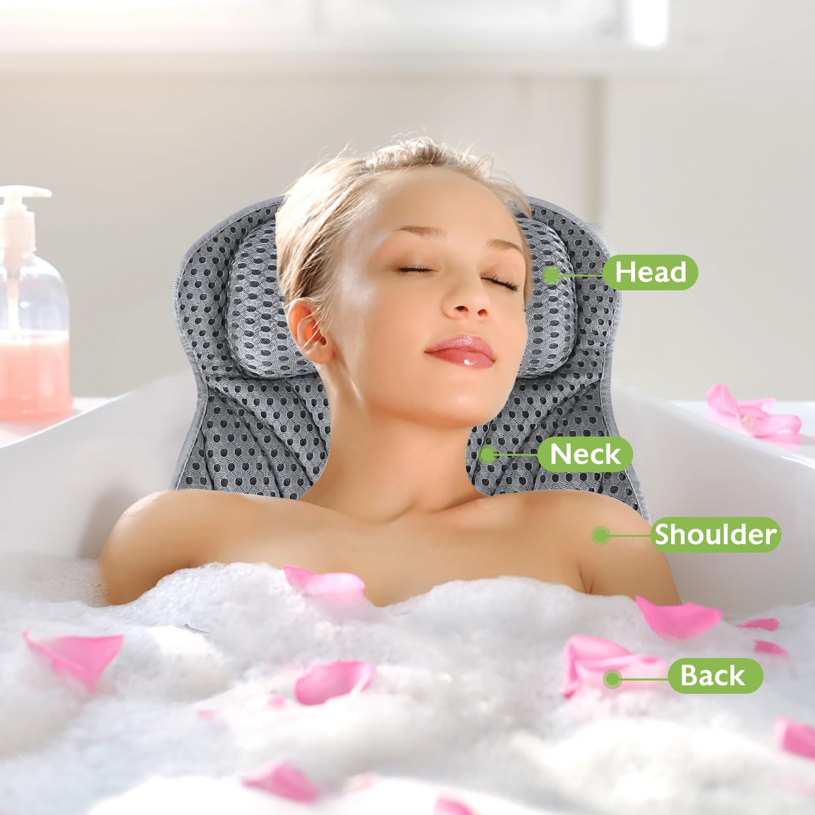 UCAMP Almohada de Baño,Cojín de Baño con tecnología 4D-Air-Mesh y 6 ventosas,Almohada para Bañera para Cabeza,Cuello,Espalda y Hombros,con máscara para Ojos Negra incluida, SPA en casa