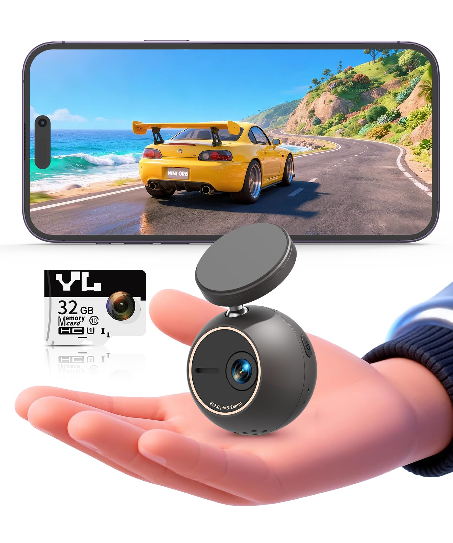 KAWA Dash Cam 2K with Voice Control,Mini Spherical Front Dashcam, 360° Rotatable Mount,32G SD Card,Built-in WiFi and App,G-Sensor,NightEagle Engine, 24H Parking Monitor, Video Recorder for Cars