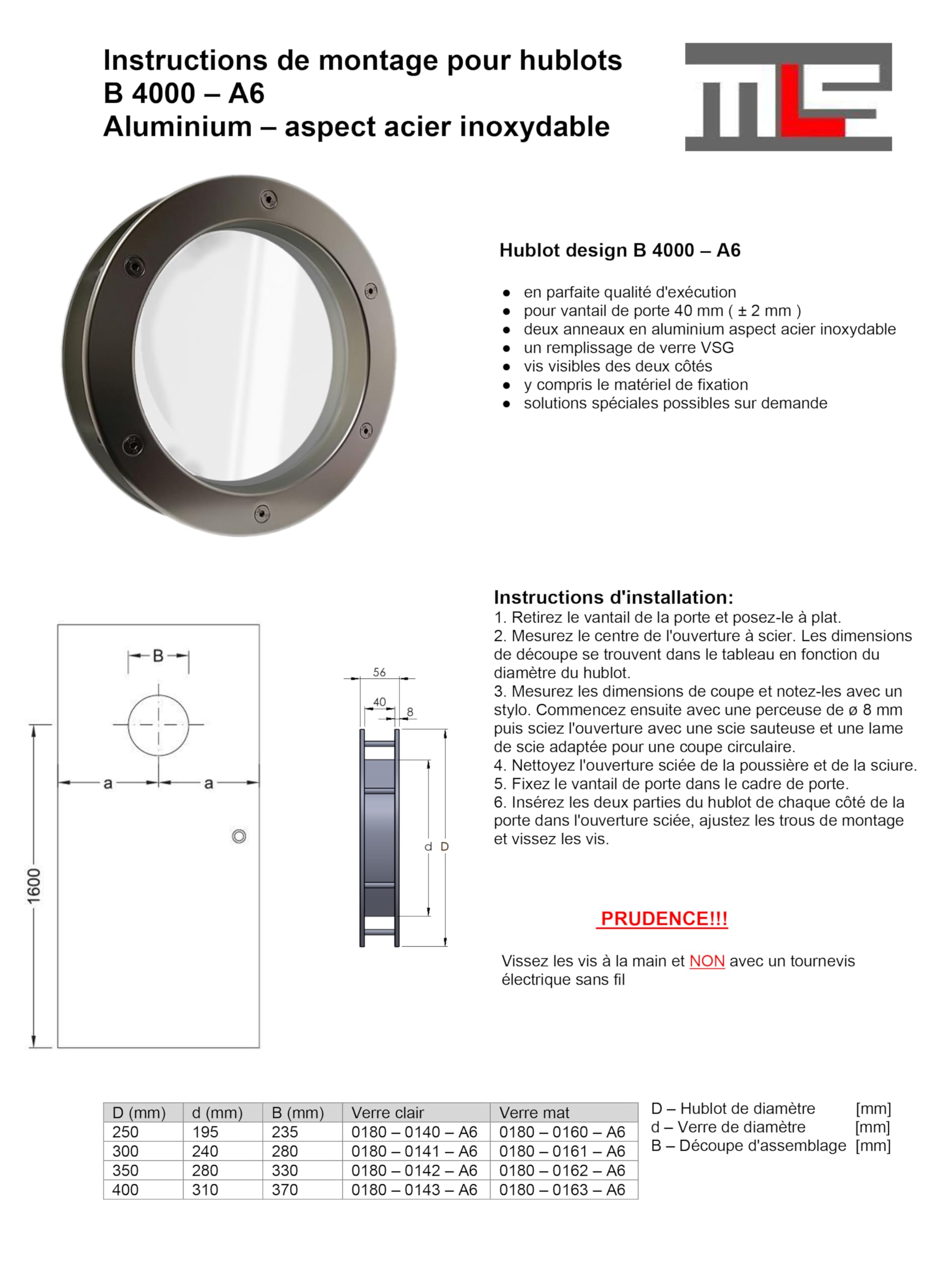 MLS Hublot B4000, Pour Portes, en Aluminium, Verre de Sécurité Feuilleté, Convient Aux Portes de 40 mm D'épaisseur, Vis de Fixation Visibles des Deux Côtés, 300 mm de Diamètre, Verre Clair, Argenté