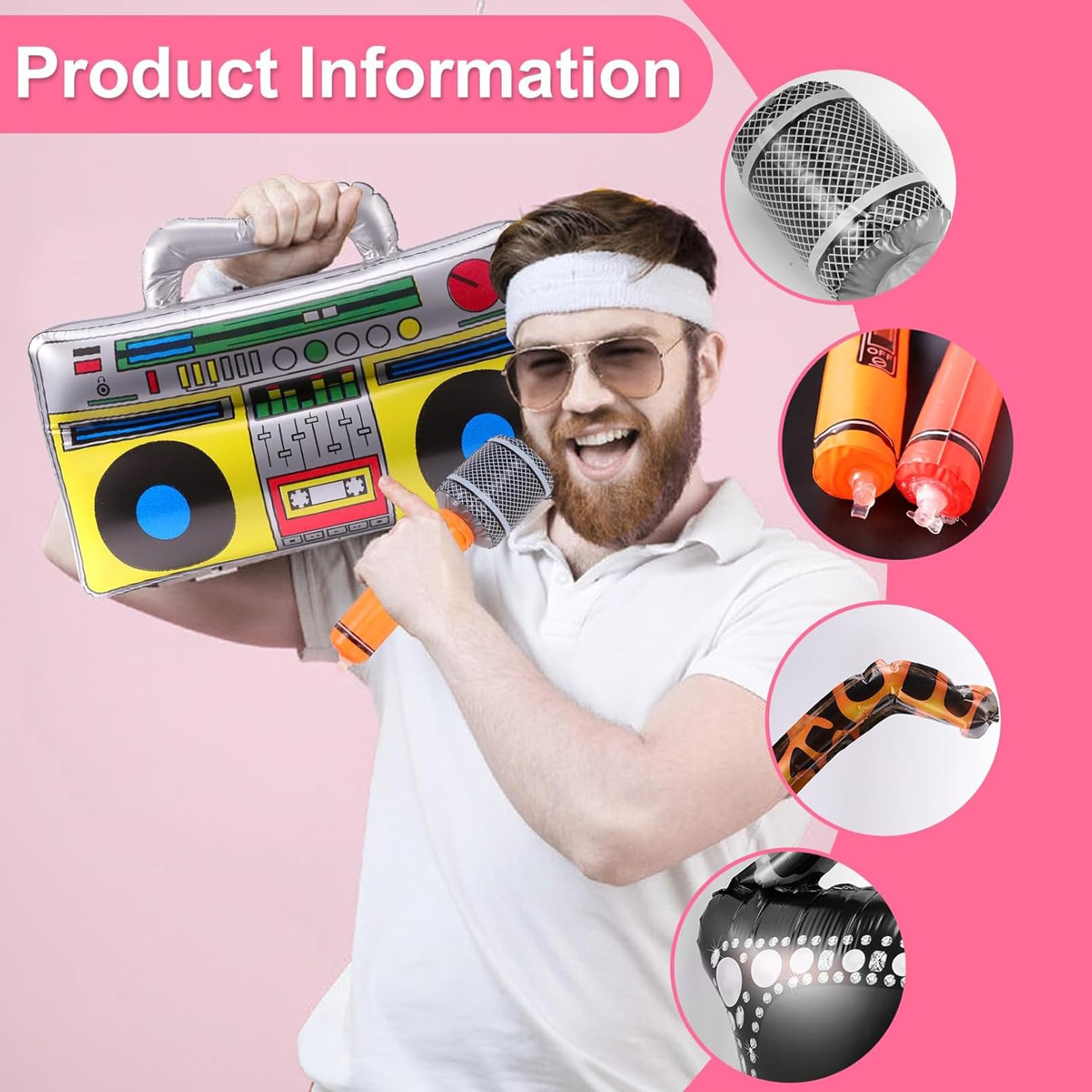 Incisite 25 Pcs 80s 90s Inflatable Party Decorations, Inflatable Boom Box, Microphone, Gold Chain Balloons - Image 3