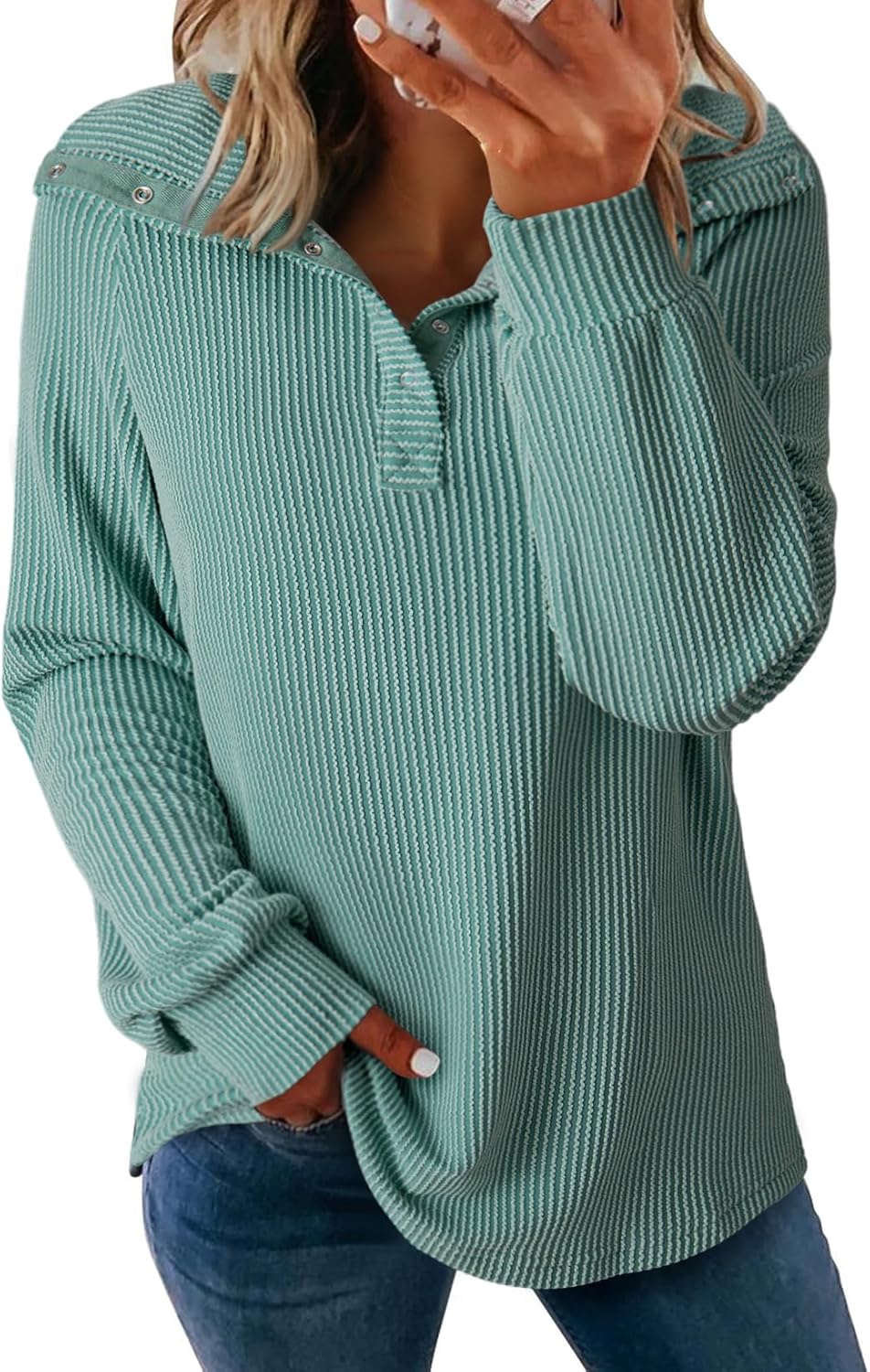 Dokotoo Women's Casual Sweatshirt Long Sleeve Button V Neck Loose Knitted Pullover Sweatshirt Tops